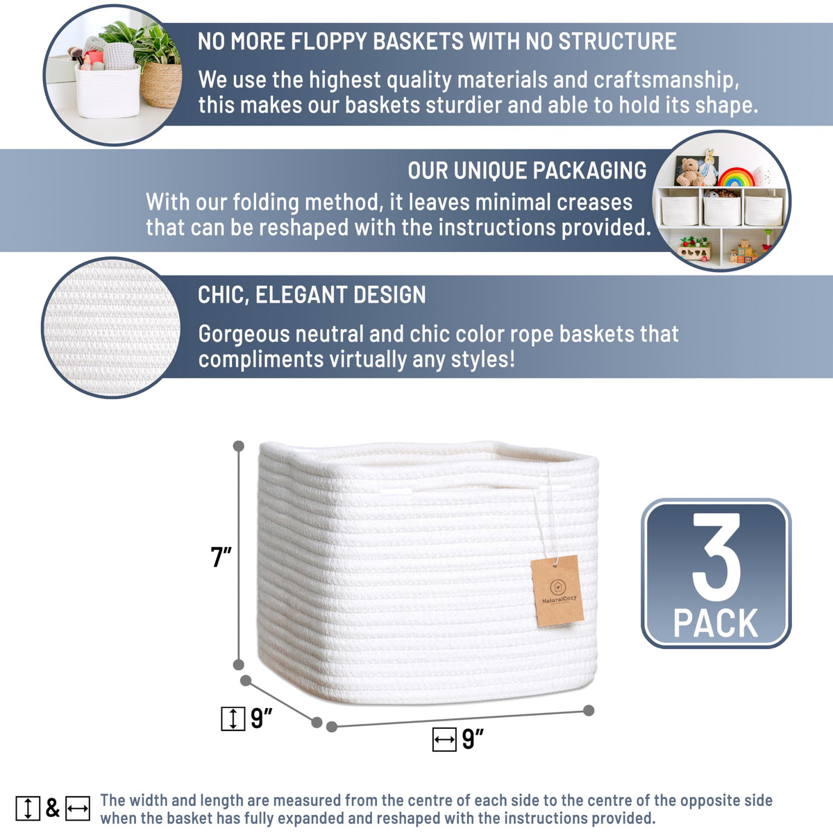 Storage Cubes 9”x9”x7”Cotton Rope Woven Baskets for Organizing 3 (3 Count)