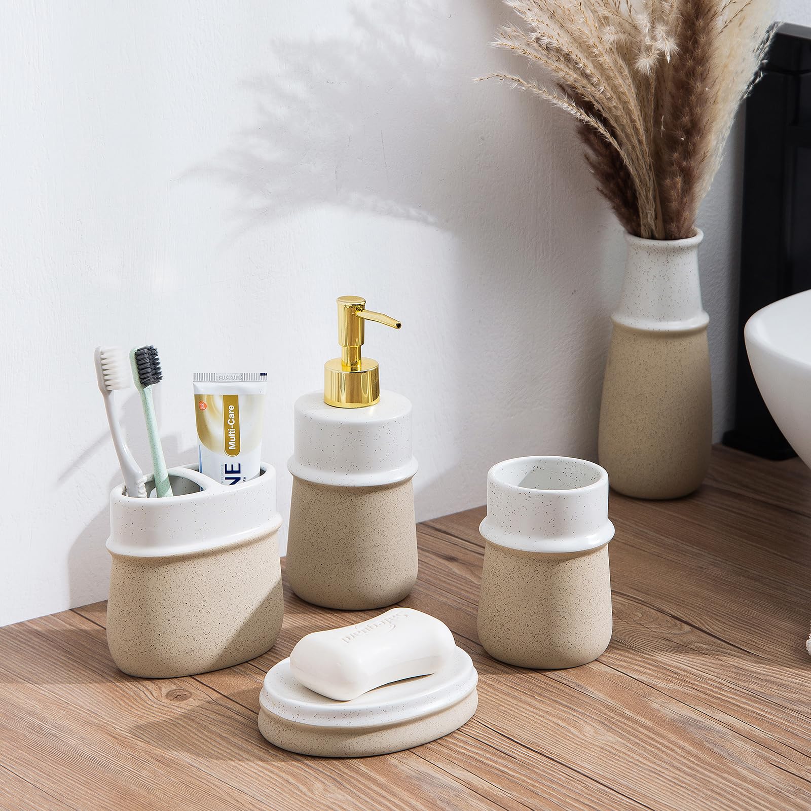 Beige Ceramic Soap Dispenser for Kitchen