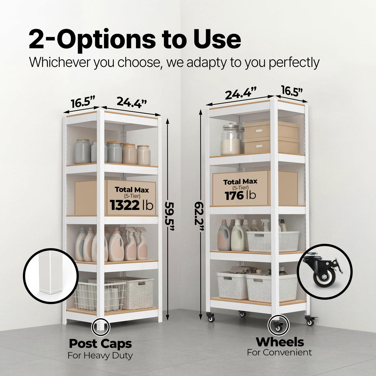 House 24.4" W 5 Tier Heavy Duty Garage Shelving Adjustable Metal Rack Storage Shelves Standing Shelf Unit Organizers Pantry Closet Office White 2Pack (2 Count)