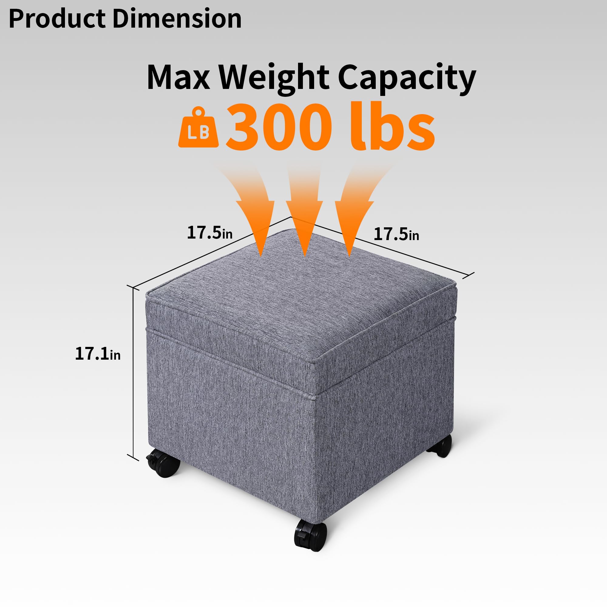 17.5 Inch Square Storage Ottoman with Wheels