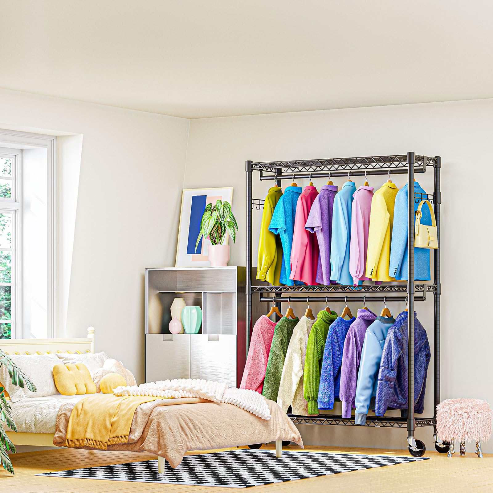 Heavy Duty Rolling Garment Rack 3 Tiers Adjustable Wire Shelving Clothes Rack with 2 Rods and Side Hooks