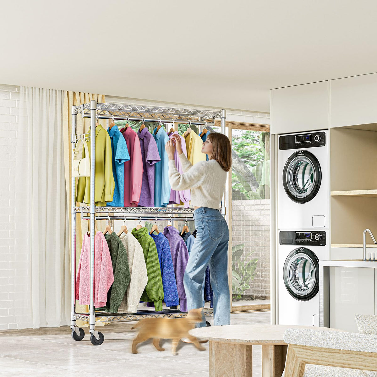 Heavy Duty Rolling Garment Rack 3 Tiers Adjustable Wire Shelving Clothes Rack with 2 Rods and Side Hooks