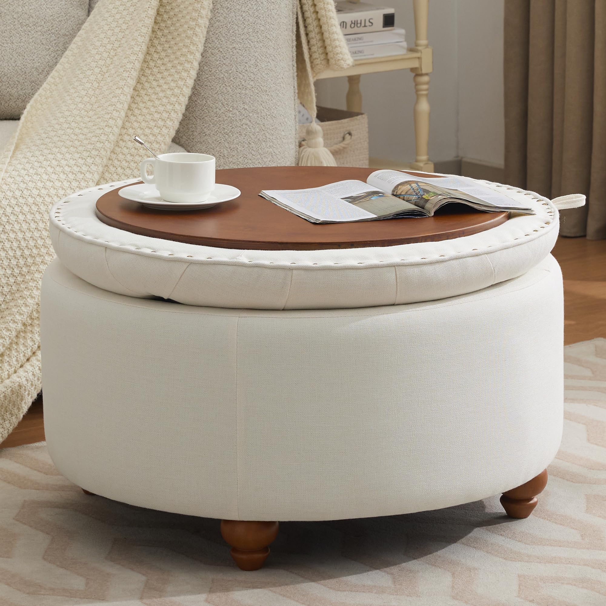 30Inch Round Storage Ottoman with Tray