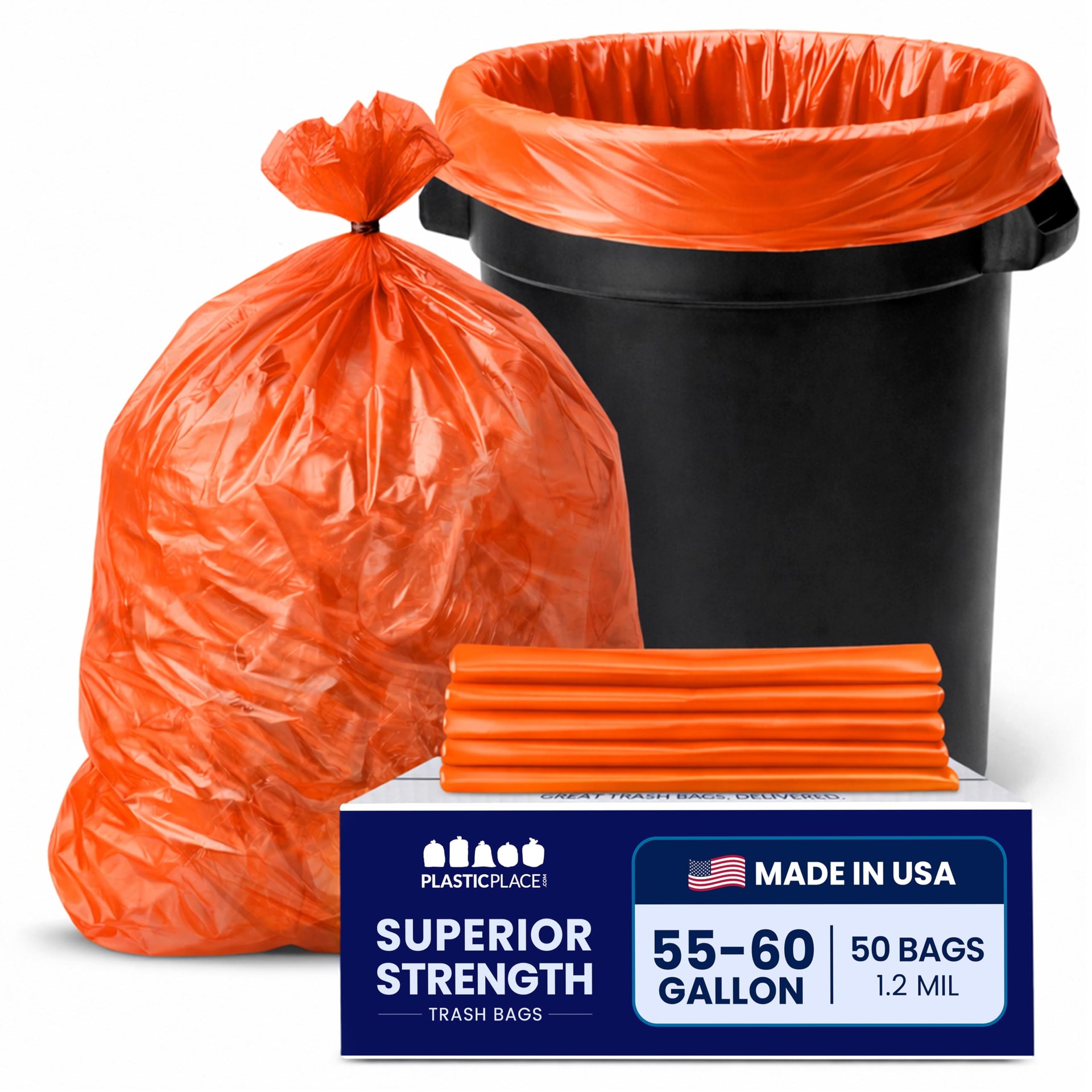 55 60 gallon Trash Bags │ 1.2 Mil │ Orange Heavy Duty Garbage Can Liners │ 38” x 58” (50 Count)