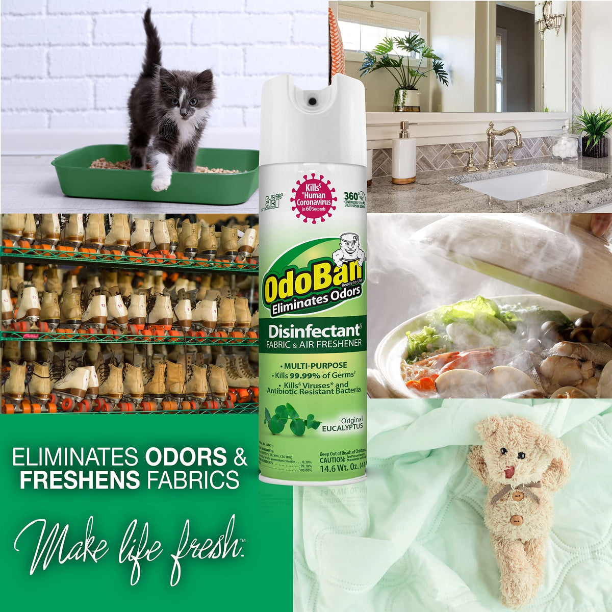Ready-to-Use 360-Degree Continuous Spray Disinfectant and Harsh Aroma Eliminator, Fabric and Air Freshener, 3 Pack, 14.6 Ounces Each, Original Eucalyptus Scent Clear (43.8 Fl Oz)