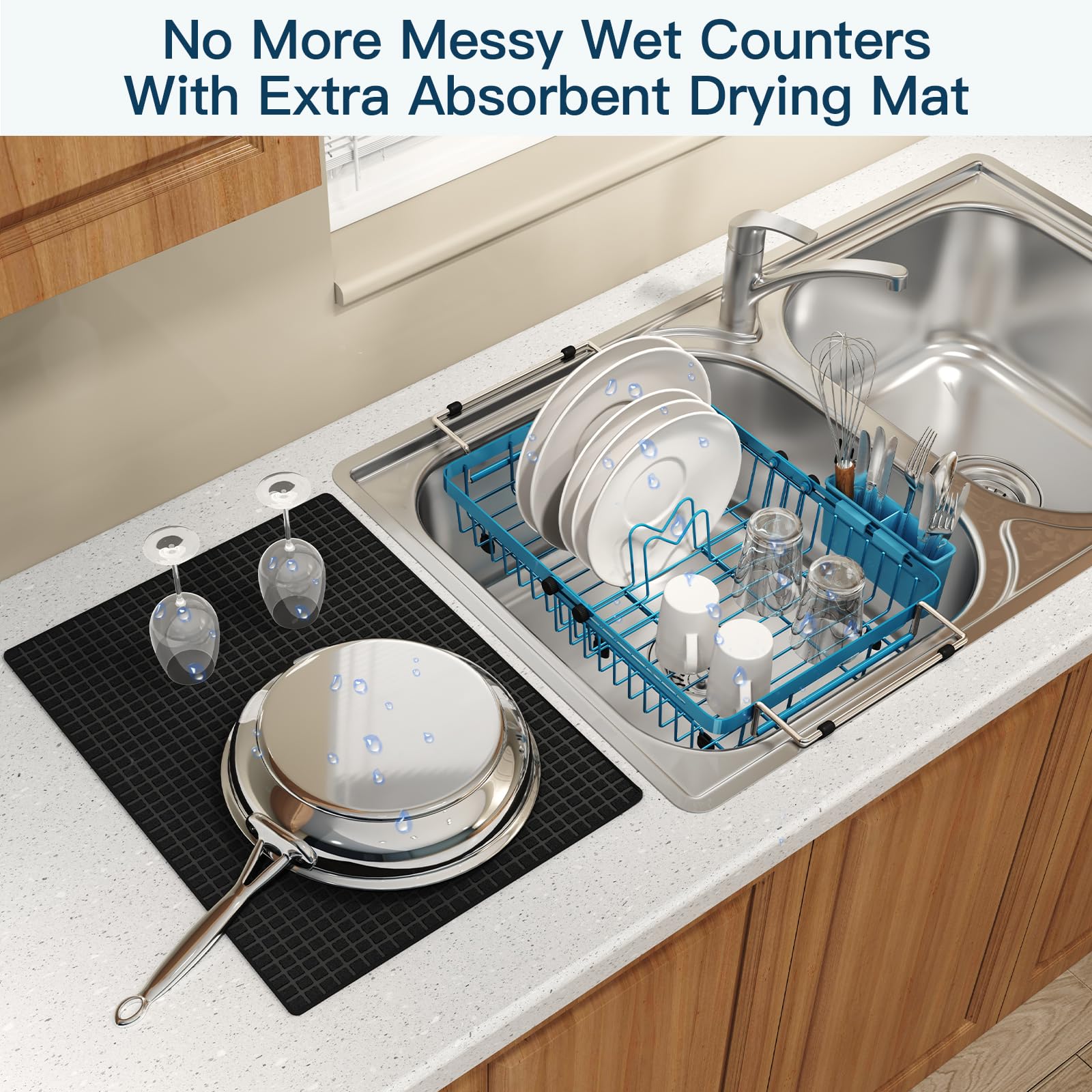 Blue Dish Drying Rack Over The Sink with Utensil Holder