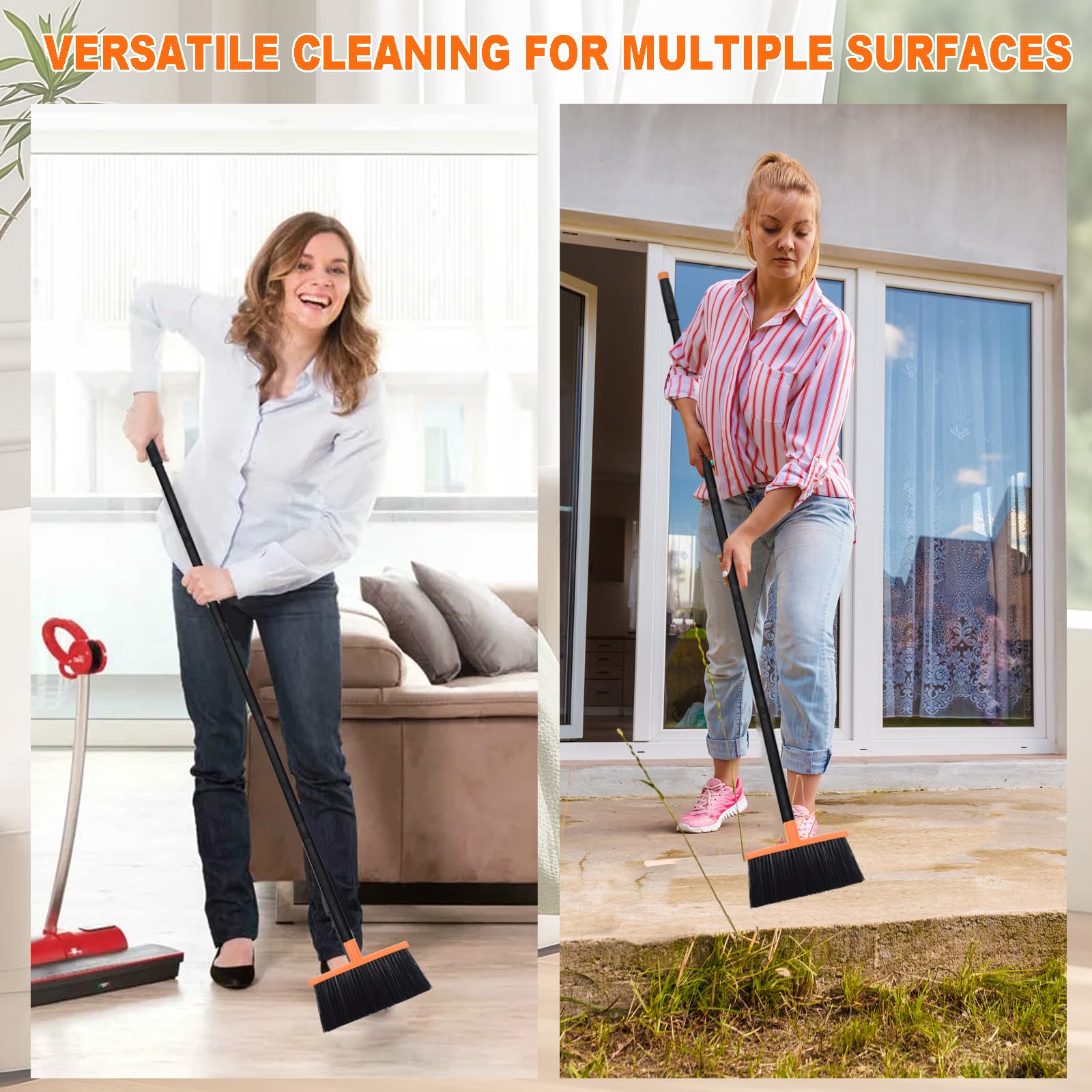 Small Broom Stiff Bristles Brush with Long Handle Indoor or Outdoor Compact Broom for Sweeping Patio Garage Garden