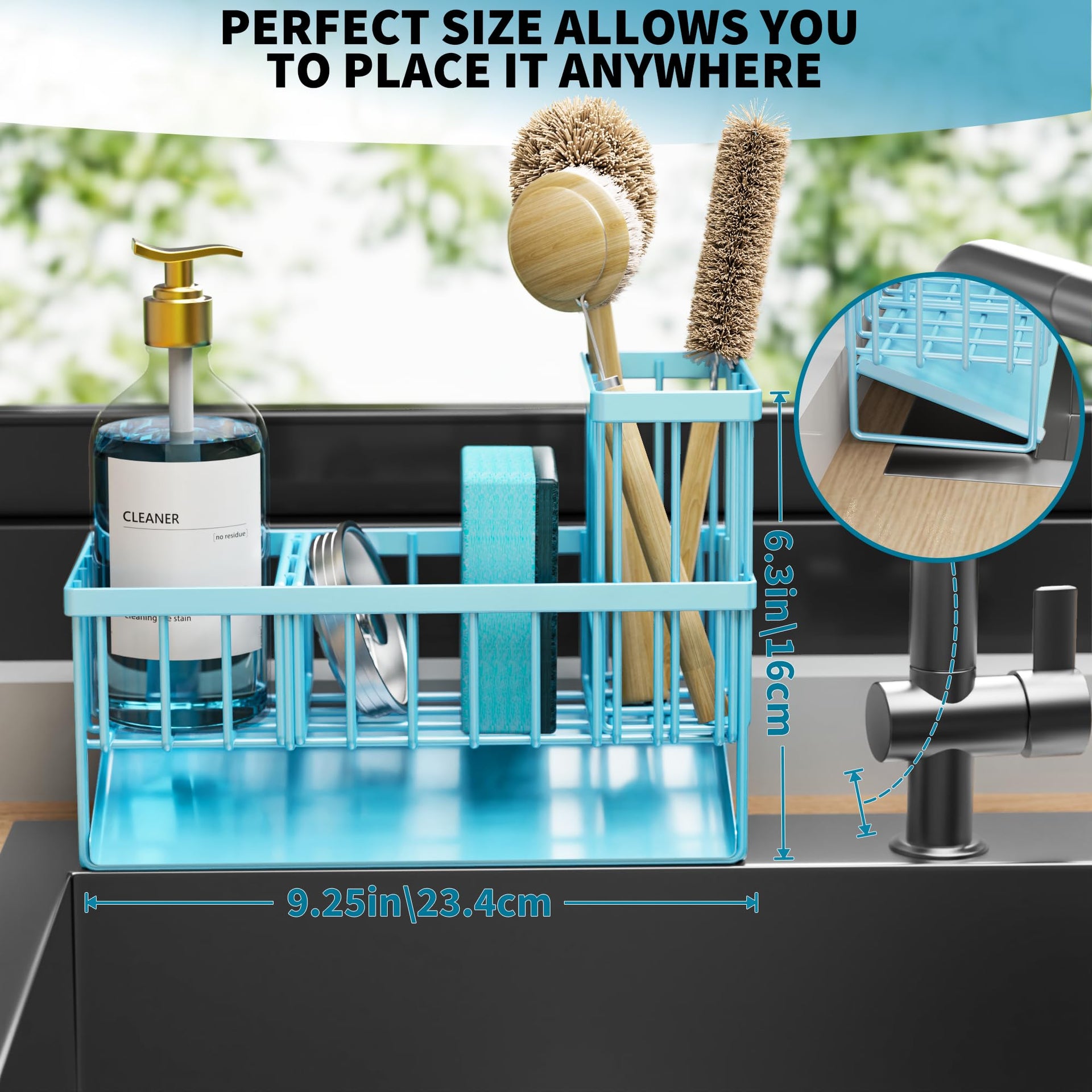 Blue Kitchen Sink Caddy Organzier with High Brush Holder