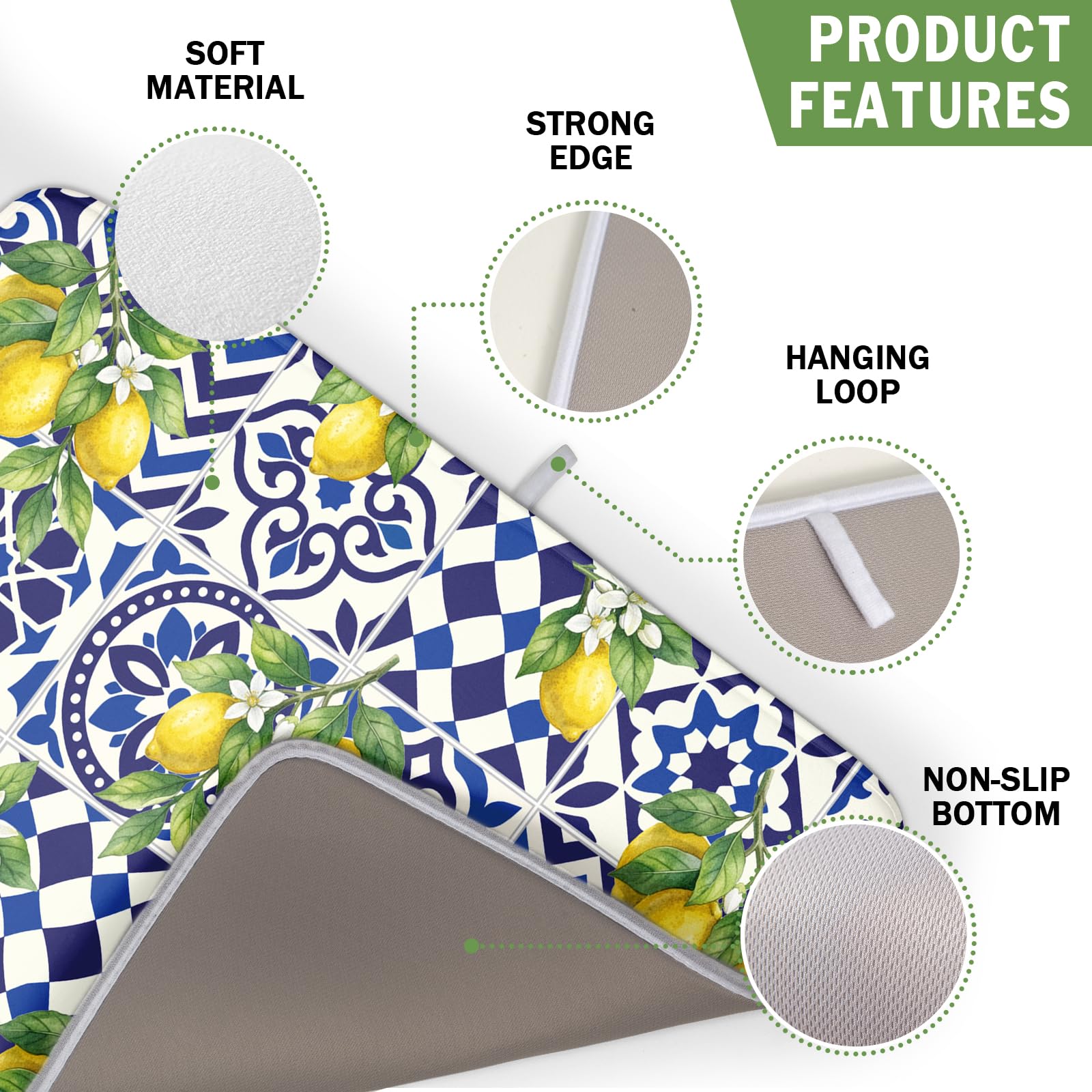 Lemon and Blue Tile Dish Drying Mat 16x18 Inch Absorbent Reversible Mexican Tilt Drying Mat Blue White Italy Lemons Dish Drying Rack Mat Summer Themed Dish Drainer Mat for Kitchen Counter Coffee Bar