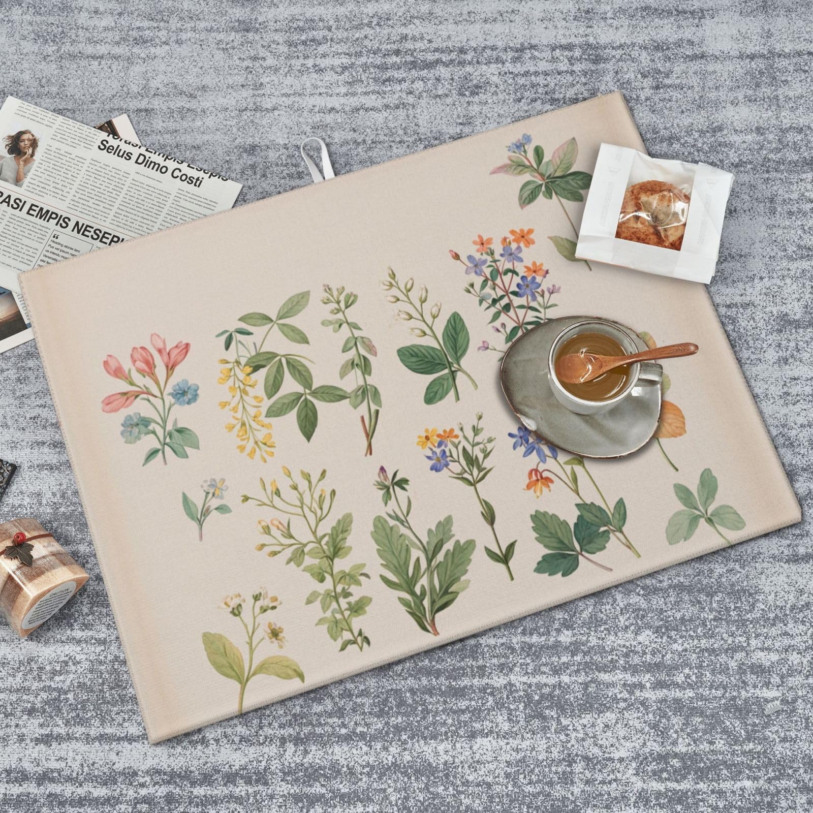 Vintage Plants Herbs Floral Dish Drying Mat Highly Absorbent Double