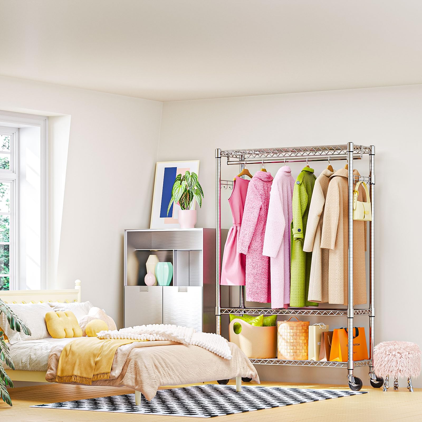 Heavy Duty Rolling Garment Rack 3 Tiers Adjustable Wire Shelving Clothes Rack with 1 Rods and Side Hooks