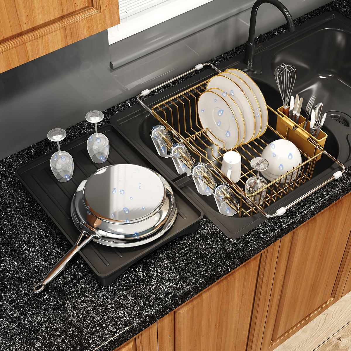 Gold Dish Drying Rack Over Sink with Utensil Holder
