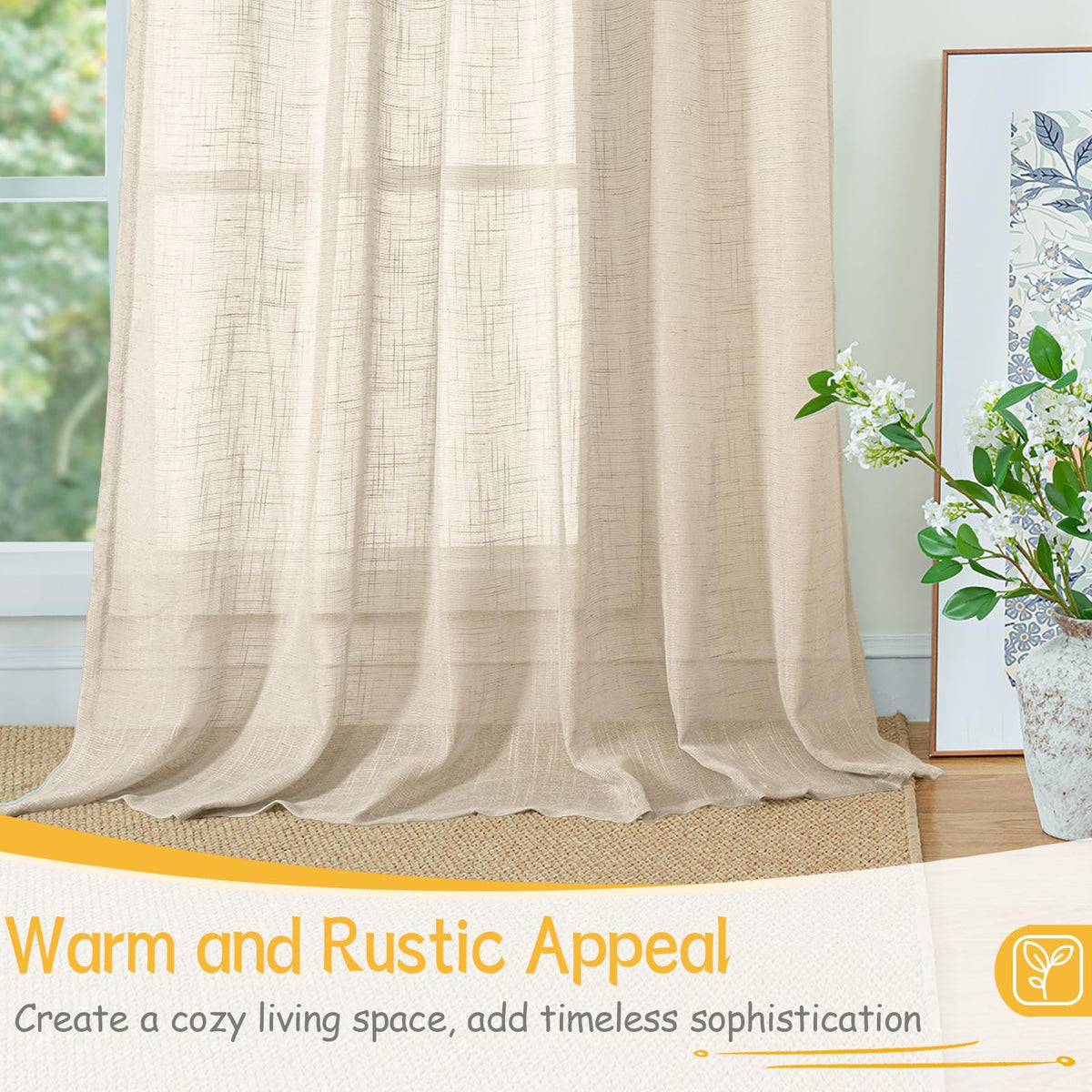 Oatmeal Linen Sheer Curtains 40 Inch Length fo Kitchen Window (2 Count)