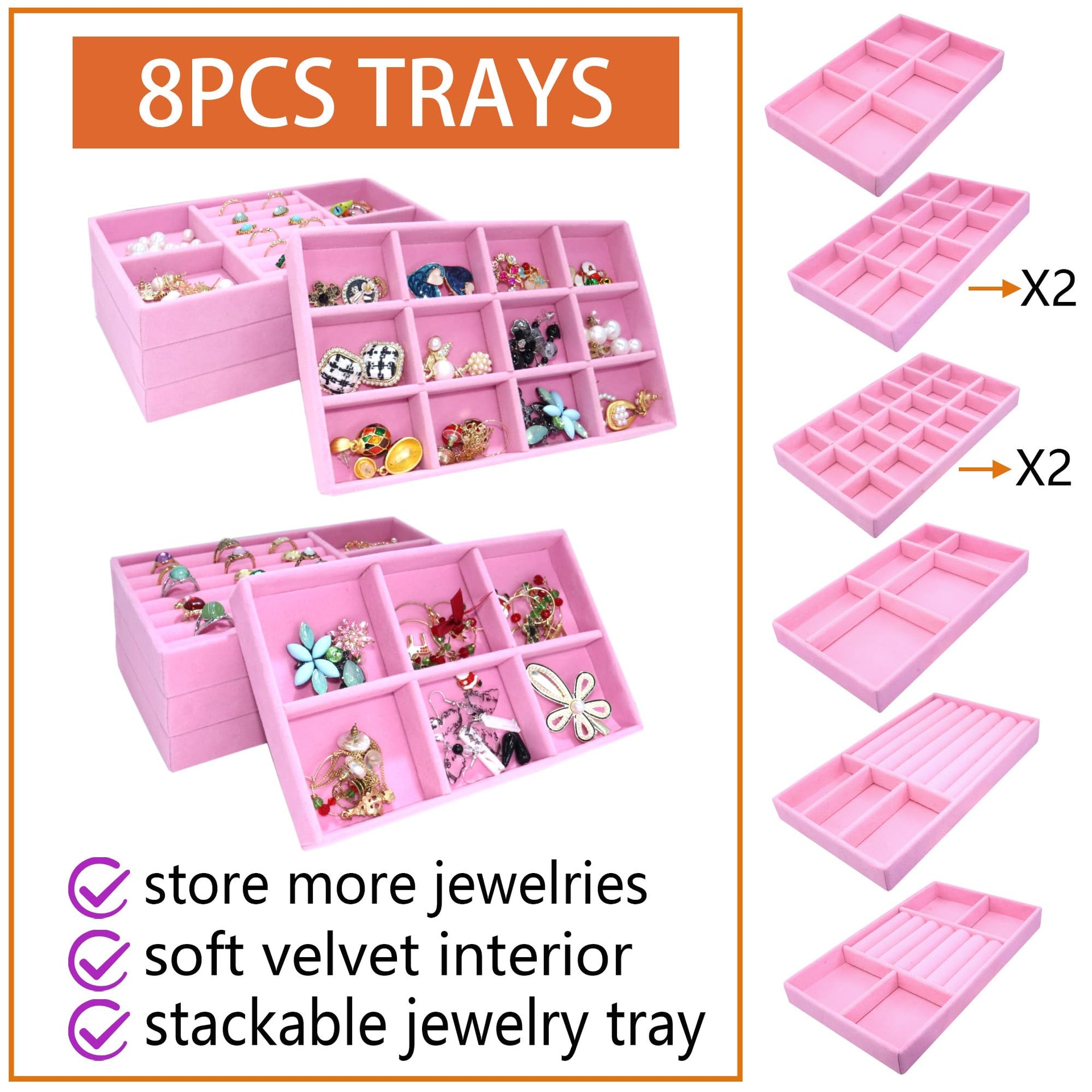 8 Pack Stackable Jewelry Trays Organizer Velvet Earring Organizer Jewelry Tray for Drawers Earring Holder Necklace Bracelet Ring Organizers (8 Count)