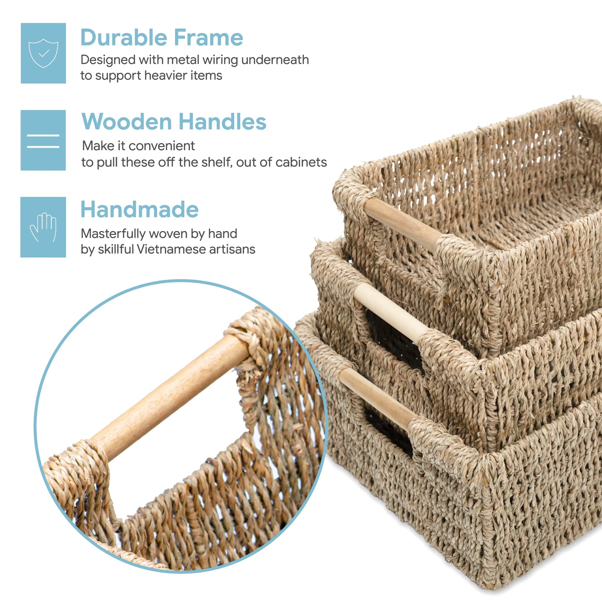 Seagrass Baskets with Wooden Handles (3 Count)
