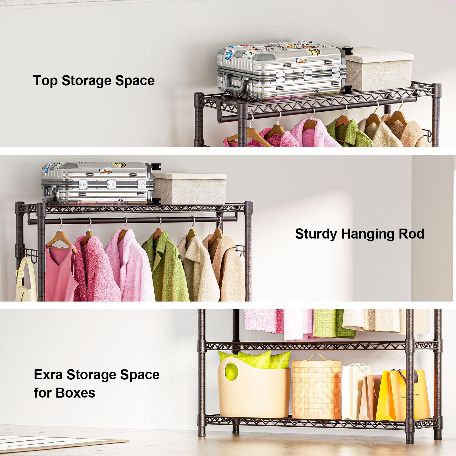 Heavy Duty Rolling Garment Rack 3 Tiers Adjustable Wire Shelving Clothes Rack with 1 Rods and Side Hooks