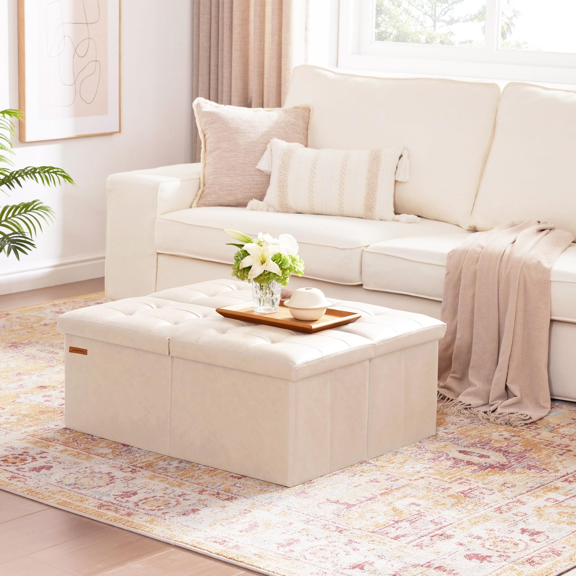 Ottoman with Storage Bench Folding Foot Rest Stool Ivory