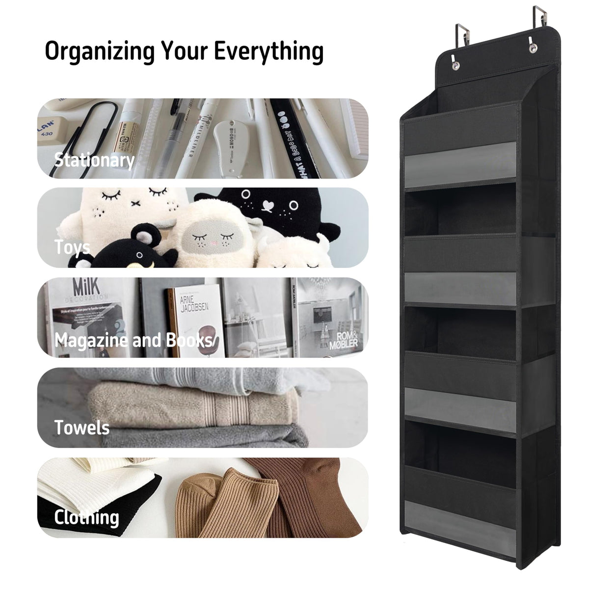 Black Over Door Organizer with 4 Large Clear Pockets