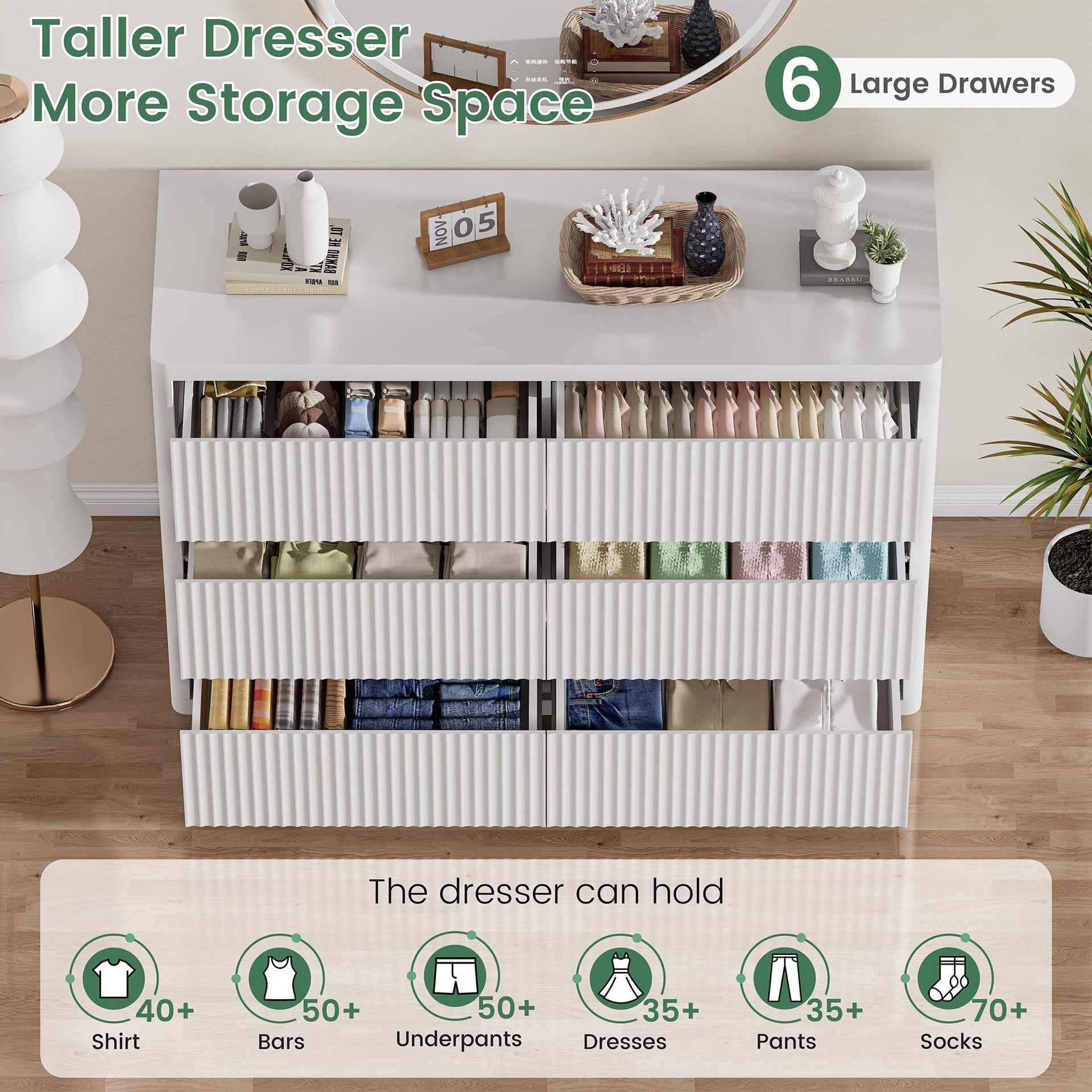 White Fluted Dresser for Bedroom with 6 Drawers