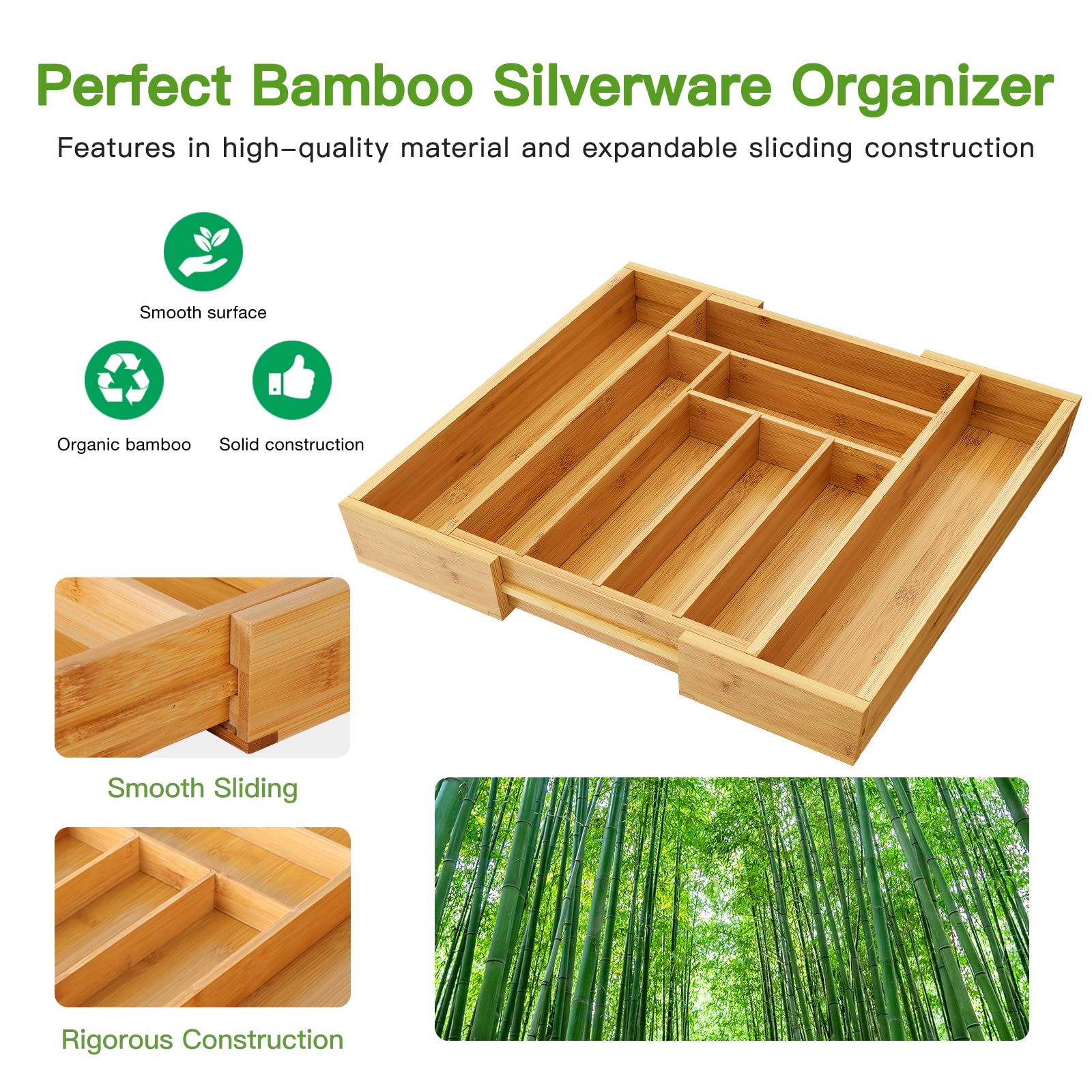 Bamboo Expandable Silverware Drawer Organizer