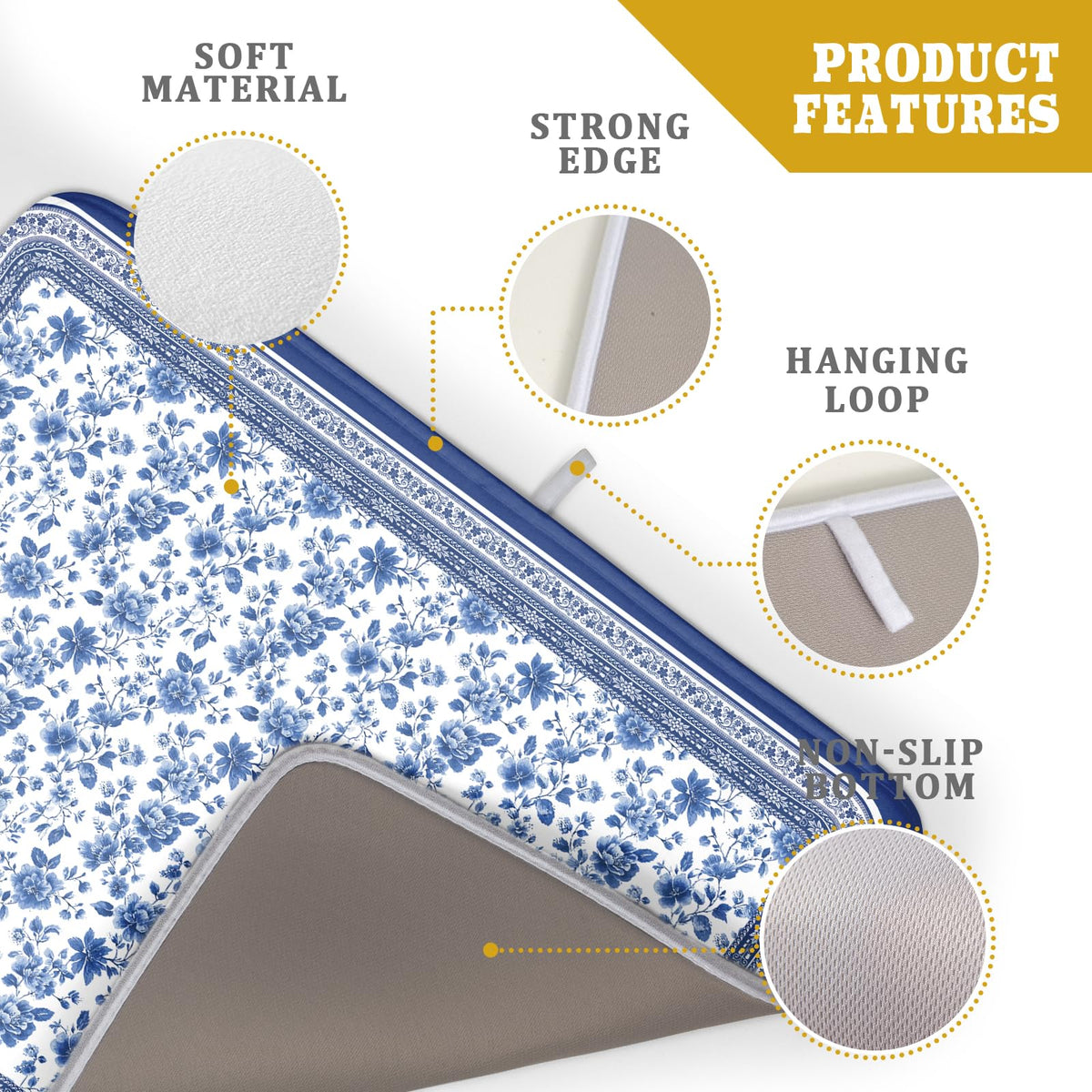 Blue Floral Branches Dish Drying Mat for Kitchen Counter Chinoiserie Pattern Dish Drying Pad 16”x18”Absorbent Vintage Flowers Decor Dishes Drainer Pad Dish Dry Rack Mat for Counter Coffee Bar