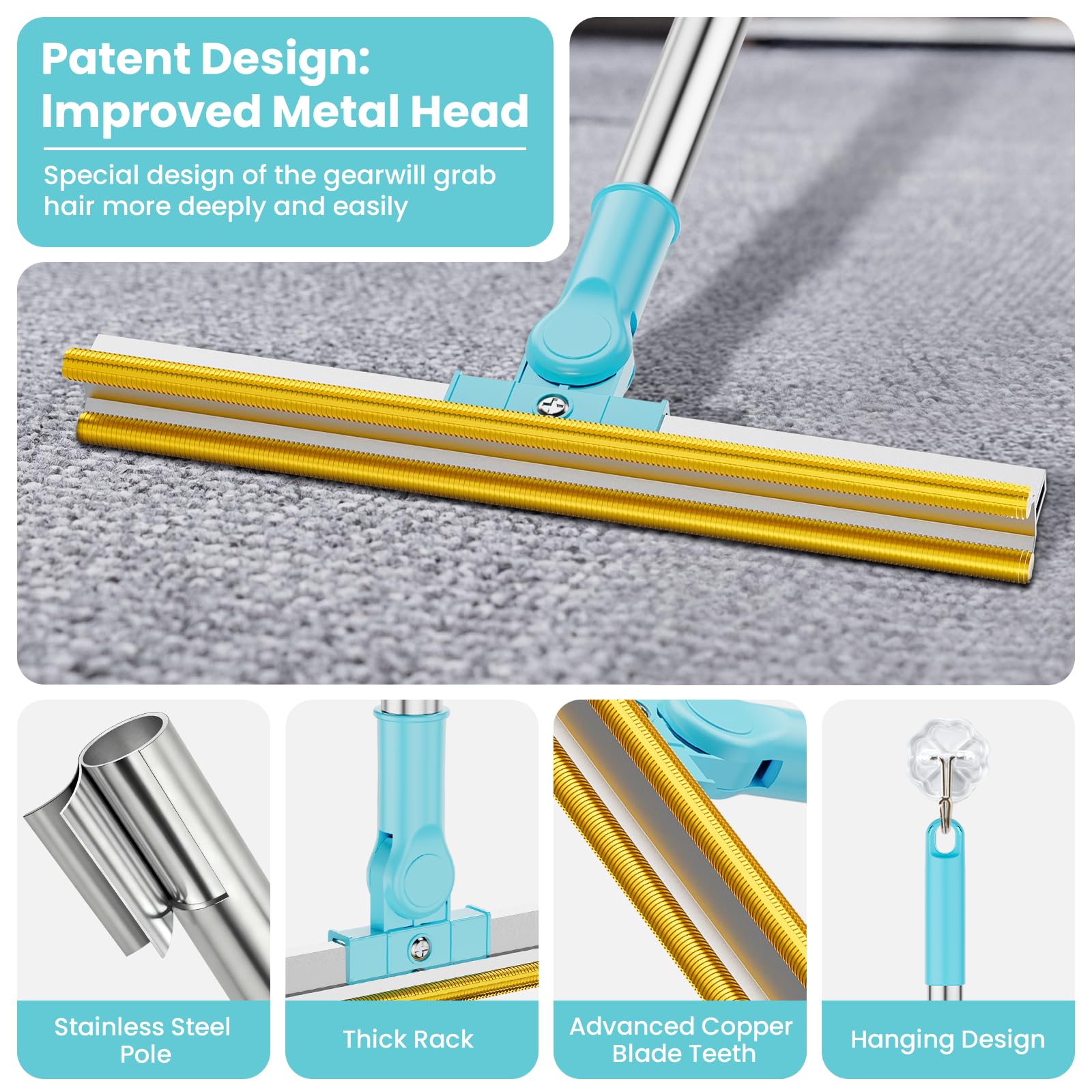 3 in 1 Carpet Rake for Pet Hair Removal