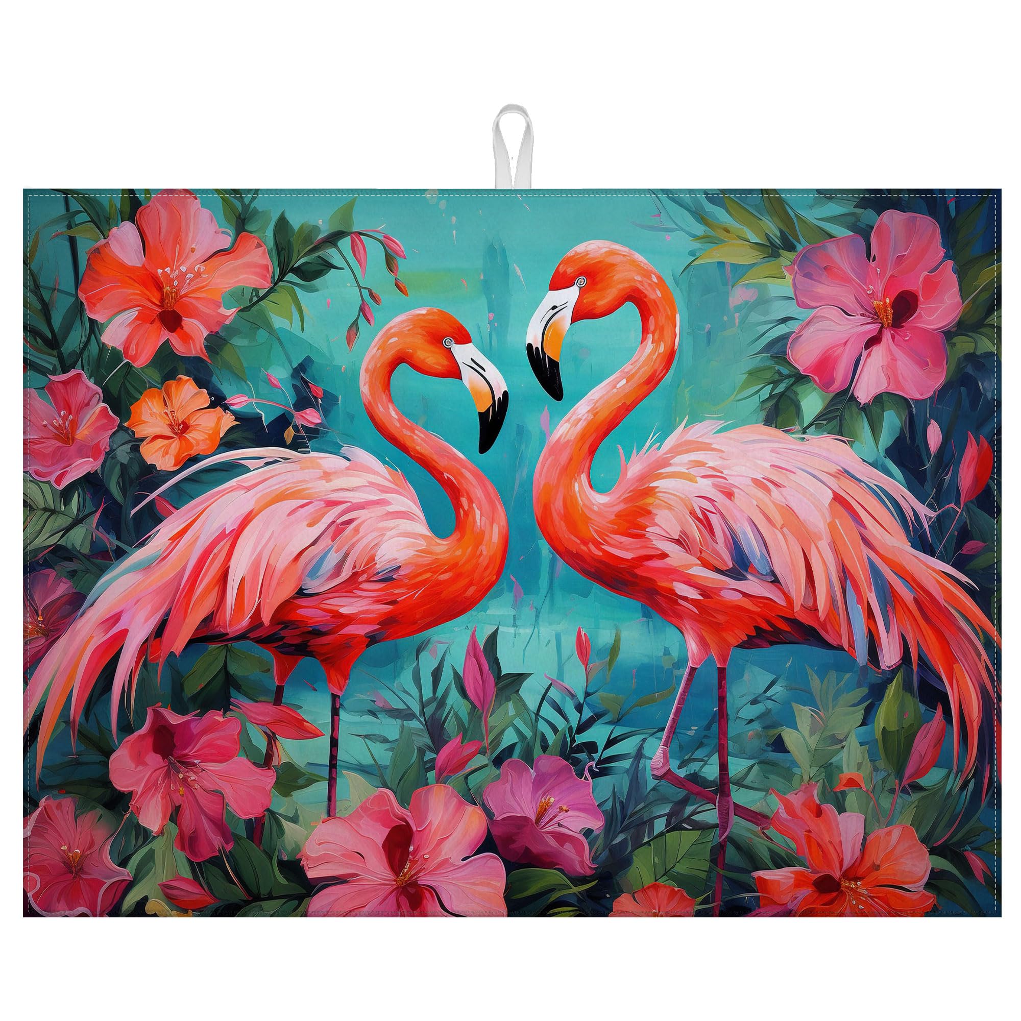 Tropical Flower Flamingo Dish Drying Mat for Kitchen Counter Microfiber Absorbent Dish Kitchen Drying Mat Draining Reusable Washable for Dishes
