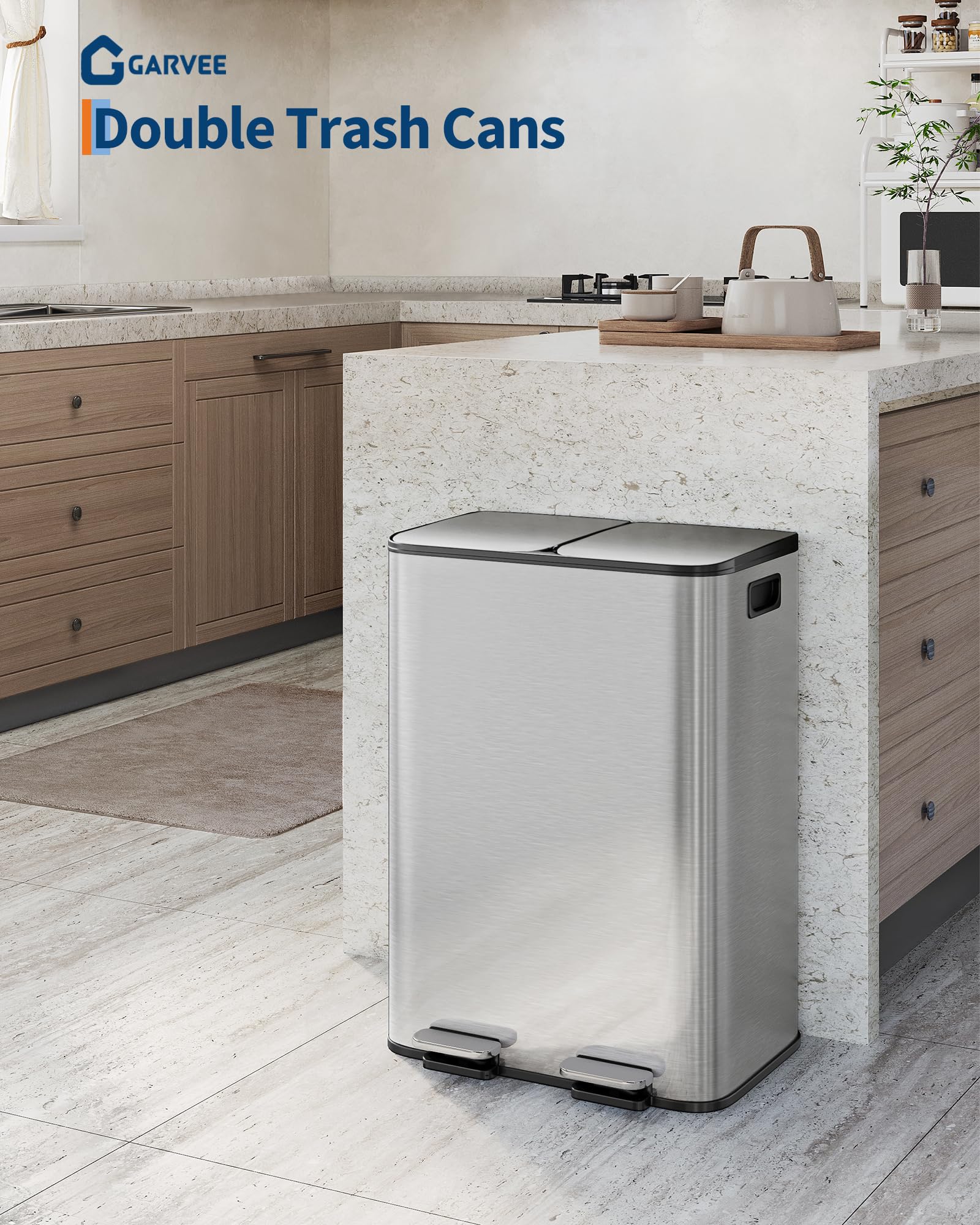 2 x 8 gal Stainless Steel Double Trash Can with Lid for Kitchen