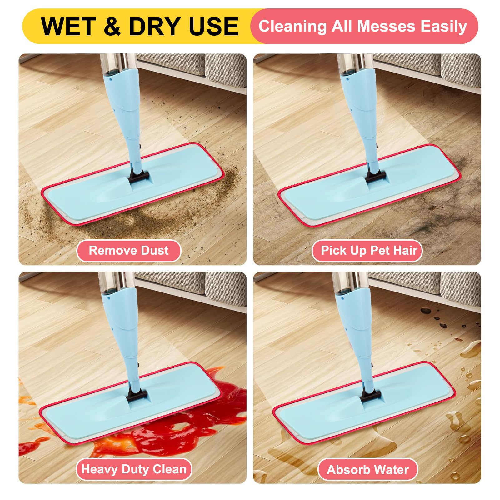 8 Pack 16.5 inch Reusable Mop Pads Microfiber Spray Mop Replacement Heads for Wet (8 Count)