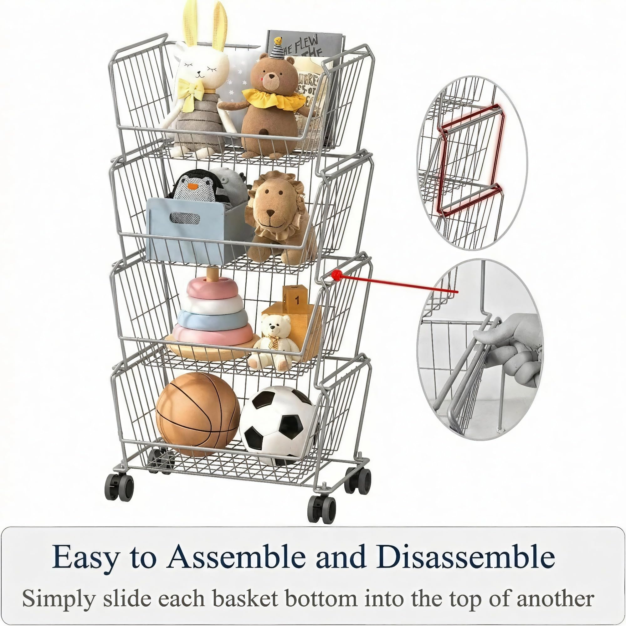 4 Tier Spacious Stackable Wire Storage Baskets with Wheels
