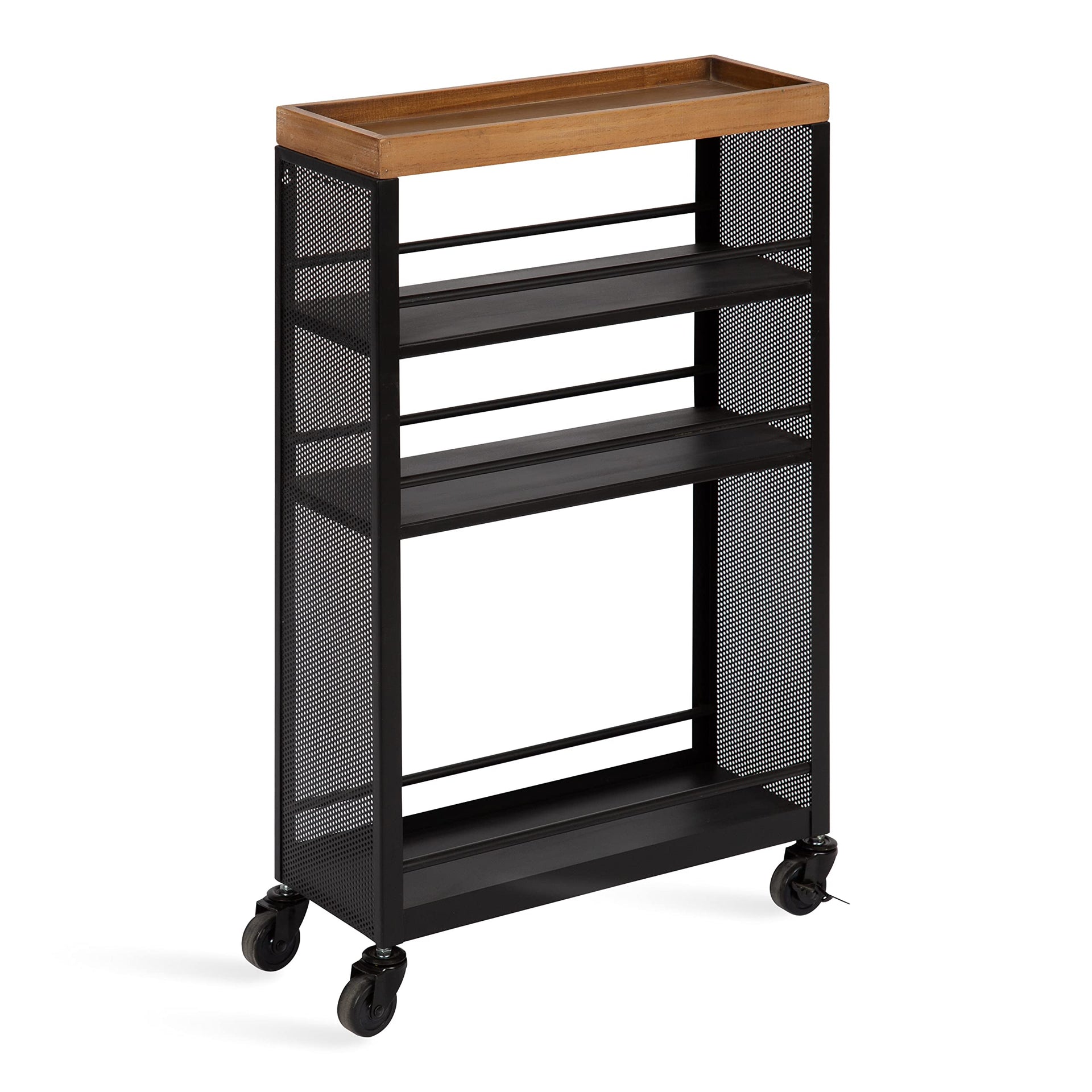 Piazza Decorative Slim Storage Cart; 18 x 7 x 30; Natural Wood and Black; Decorative Narrow Rolling Cart with Locking Wheels and Three Storage Shelves for Kitchen or Laundry Room