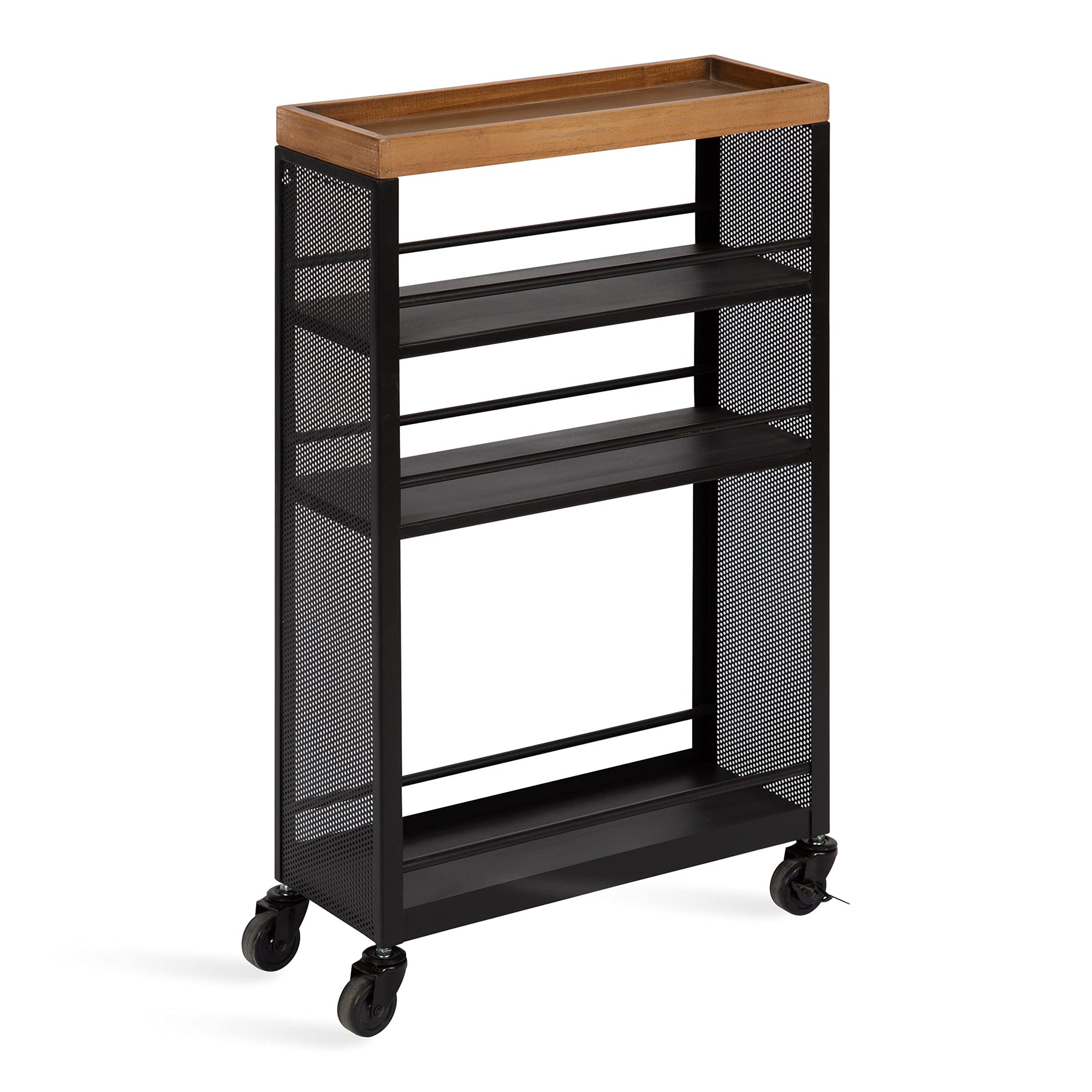 Piazza Decorative Slim Storage Cart; 18 x 7 x 30; Natural Wood and Black; Decorative Narrow Rolling Cart with Locking Wheels and Three Storage Shelves for Kitchen or Laundry Room