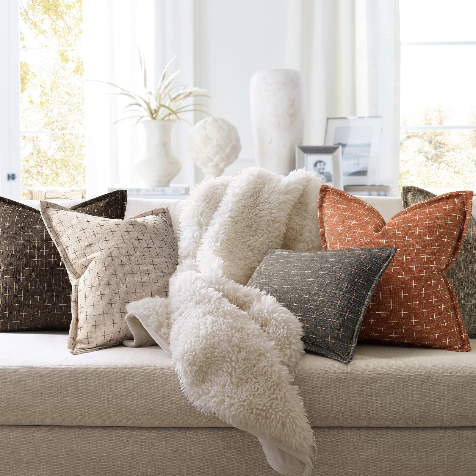 Fall Throw Pillow Covers 26x26 Set of 2 Soft Polyester Textured Rust Pillow Covers with Stylish Flange Edge Cozy Farmhouse Throw Pillows for Couch Bed Sofa Living Room Fall Decor (2 Count)