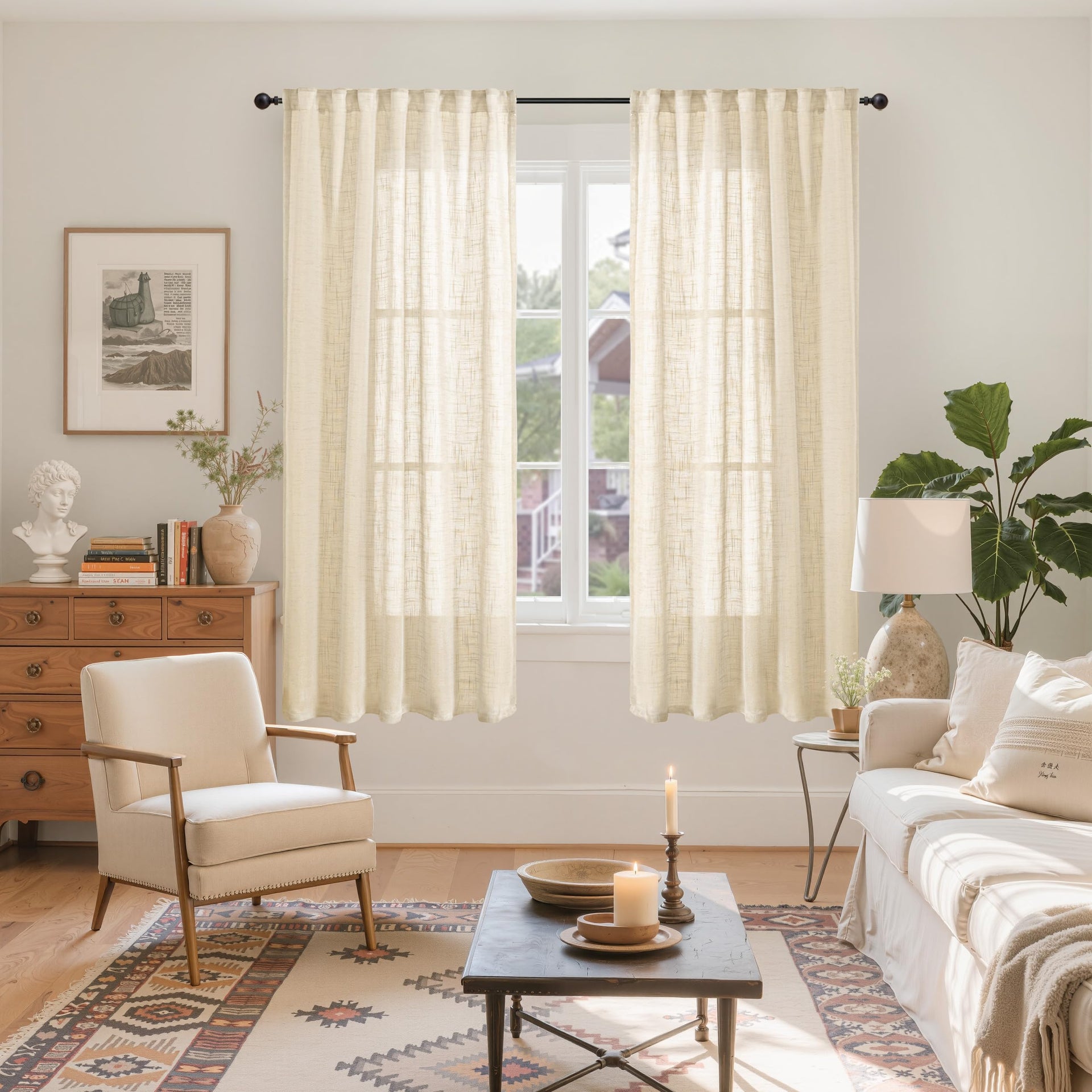 Natural Linen Semi Sheer Curtains 63 Inch Length (2 Count)