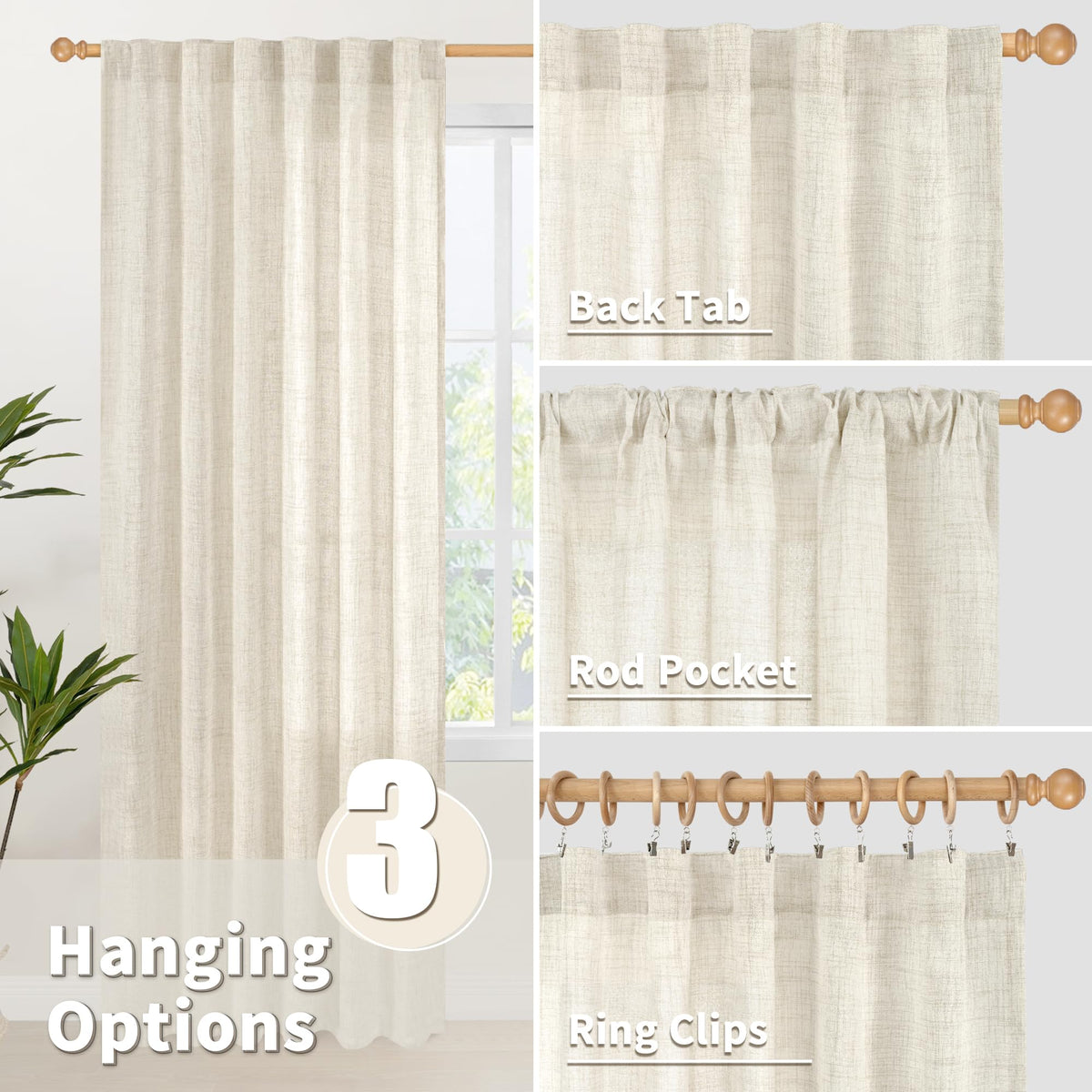 Linen Semi Sheer Curtains 30 X 48 Inch Length 2 Panels Set (2 Count)
