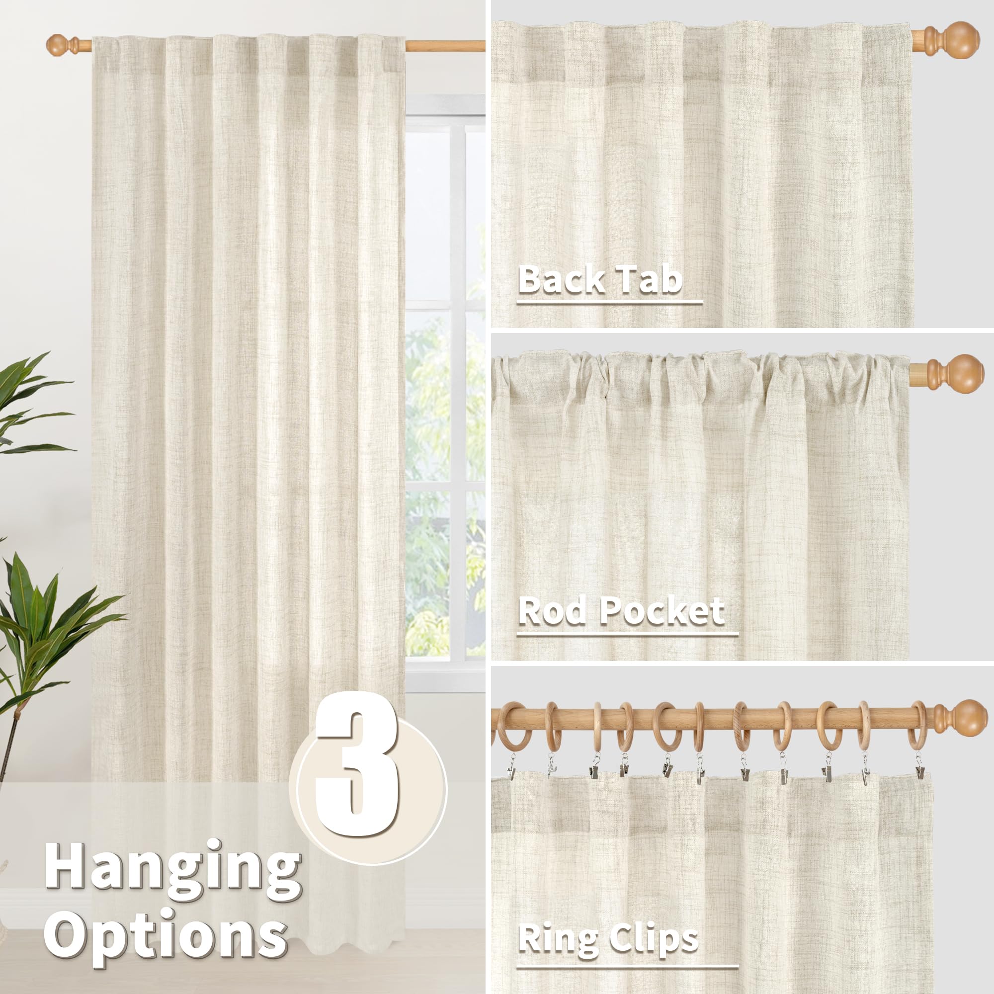 Linen Curtains 63 Inch Length for Living Room (2 Count)