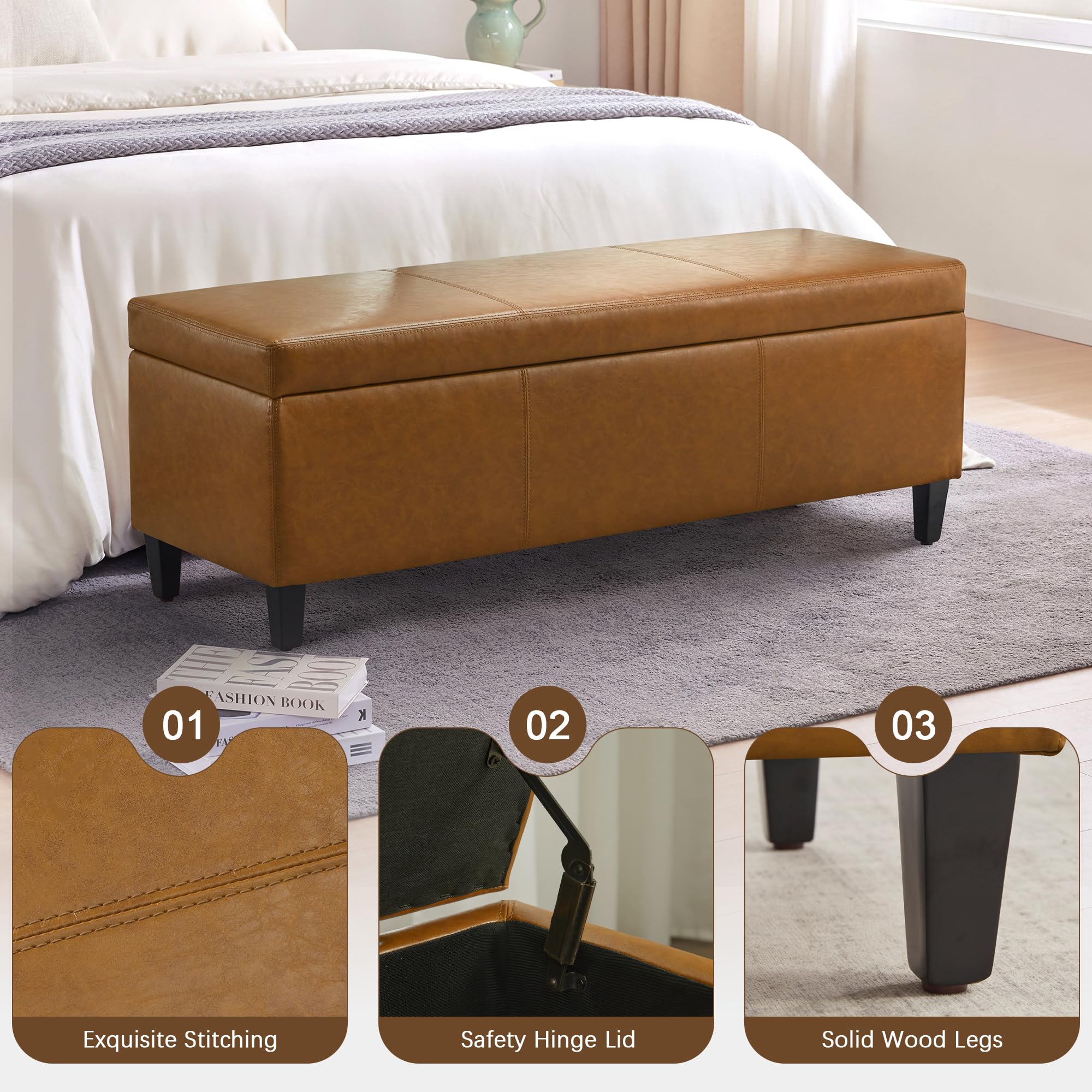 Faux Leather Storage Ottoman Bench 50.3 Inch Extra Long PU Upholstered Bedroom Bench with Large Storage Space for The Living Room