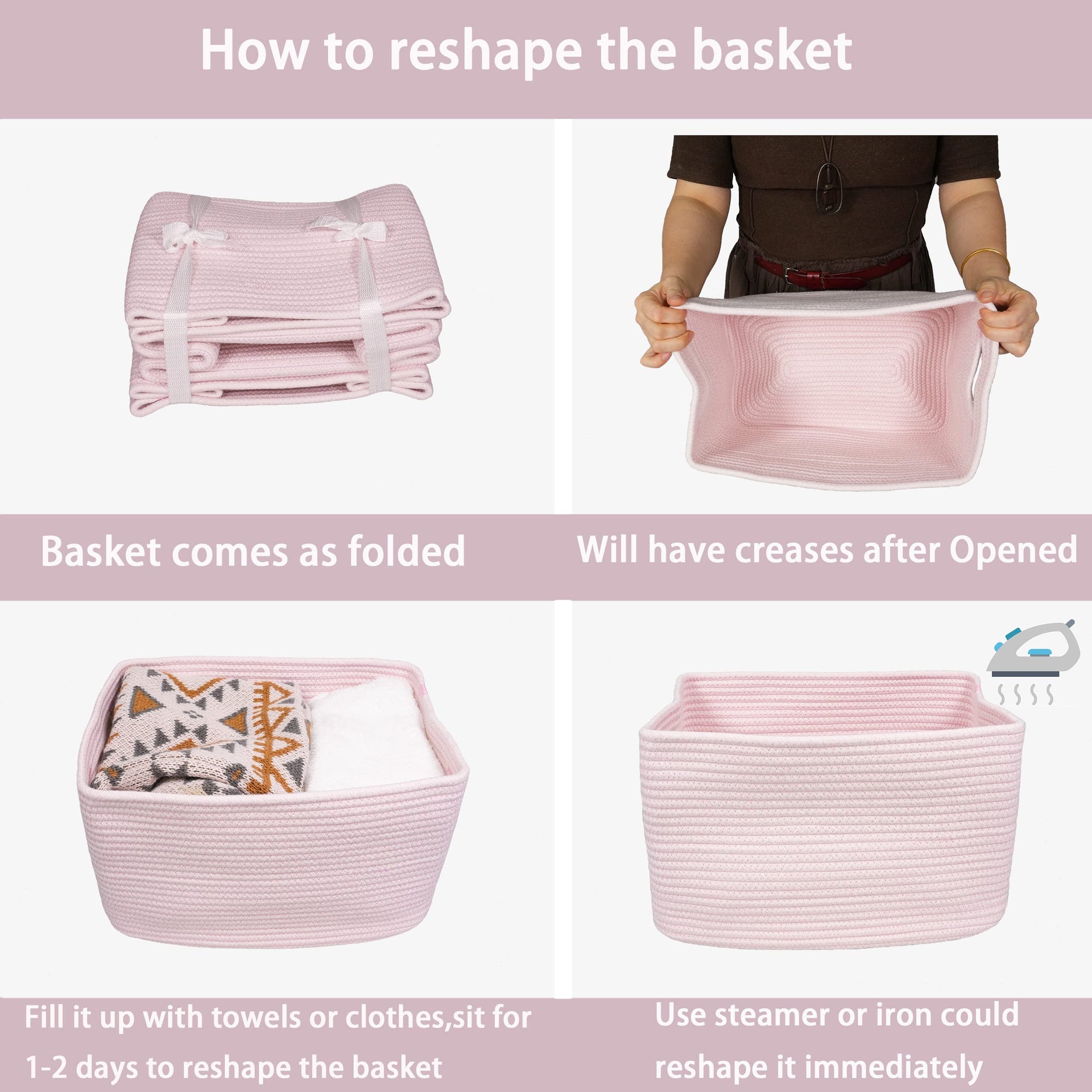 Woven Cotton Rope Storage Baskets 15x10x9.3" 3 Pack Light Pink