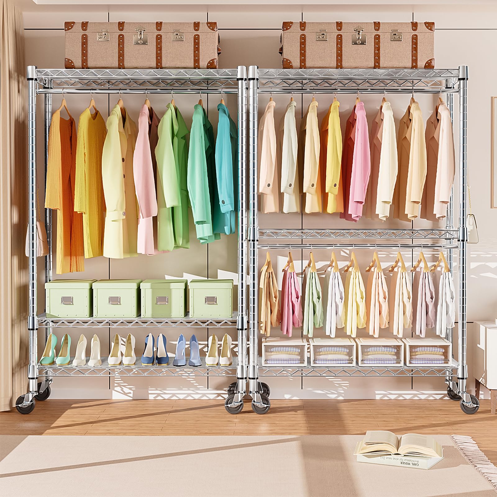Heavy Duty Rolling Garment Rack 3 Tiers Adjustable Wire Shelving Clothes Rack with 2 Rods and Side Hooks