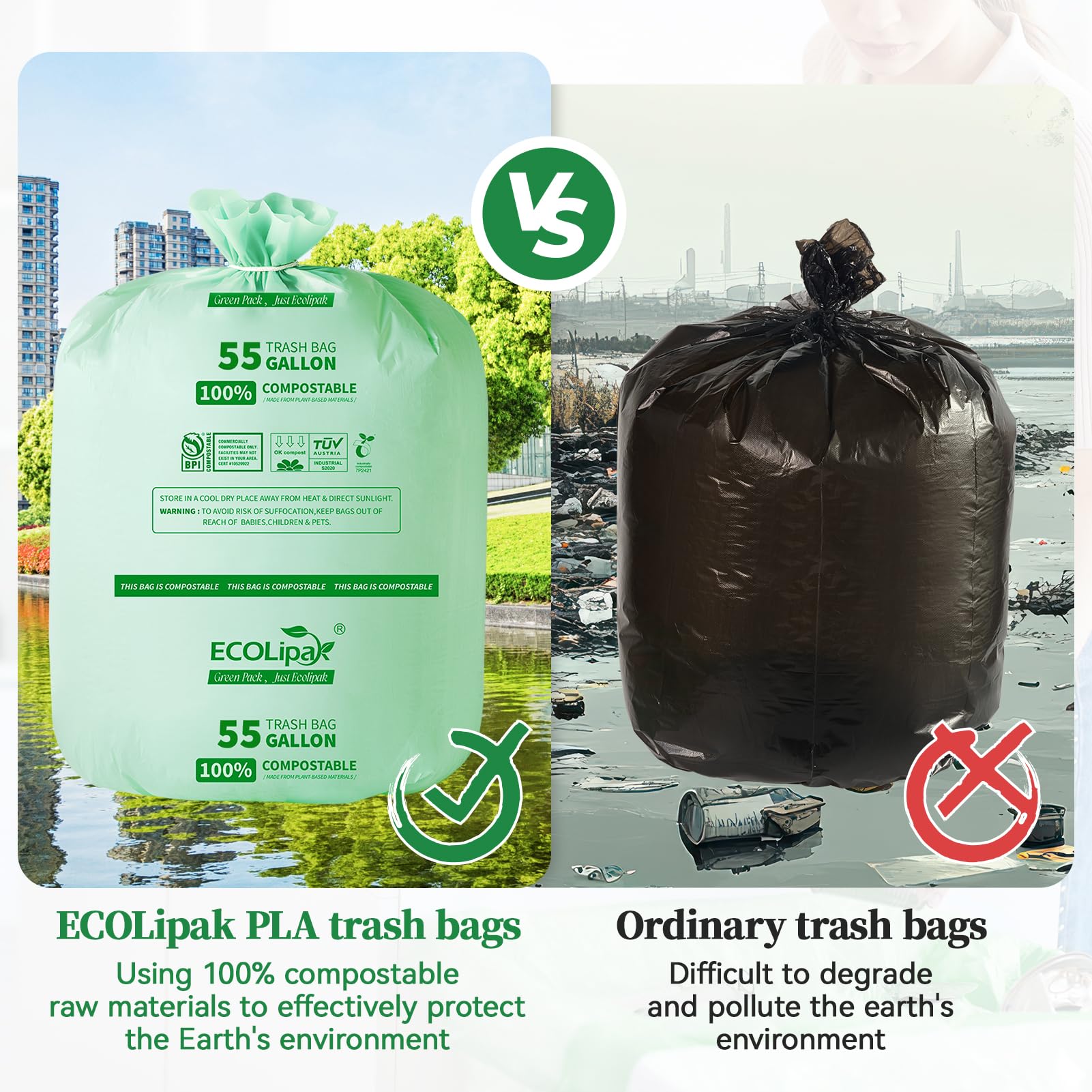 55 Gallon 12 Count Large Compostable Trash Garbage Bags for Lawn