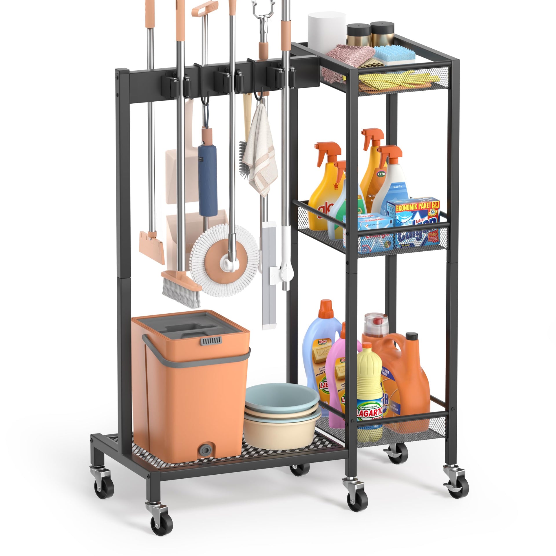 Broom Holder with Cleaning Supplies Organizer