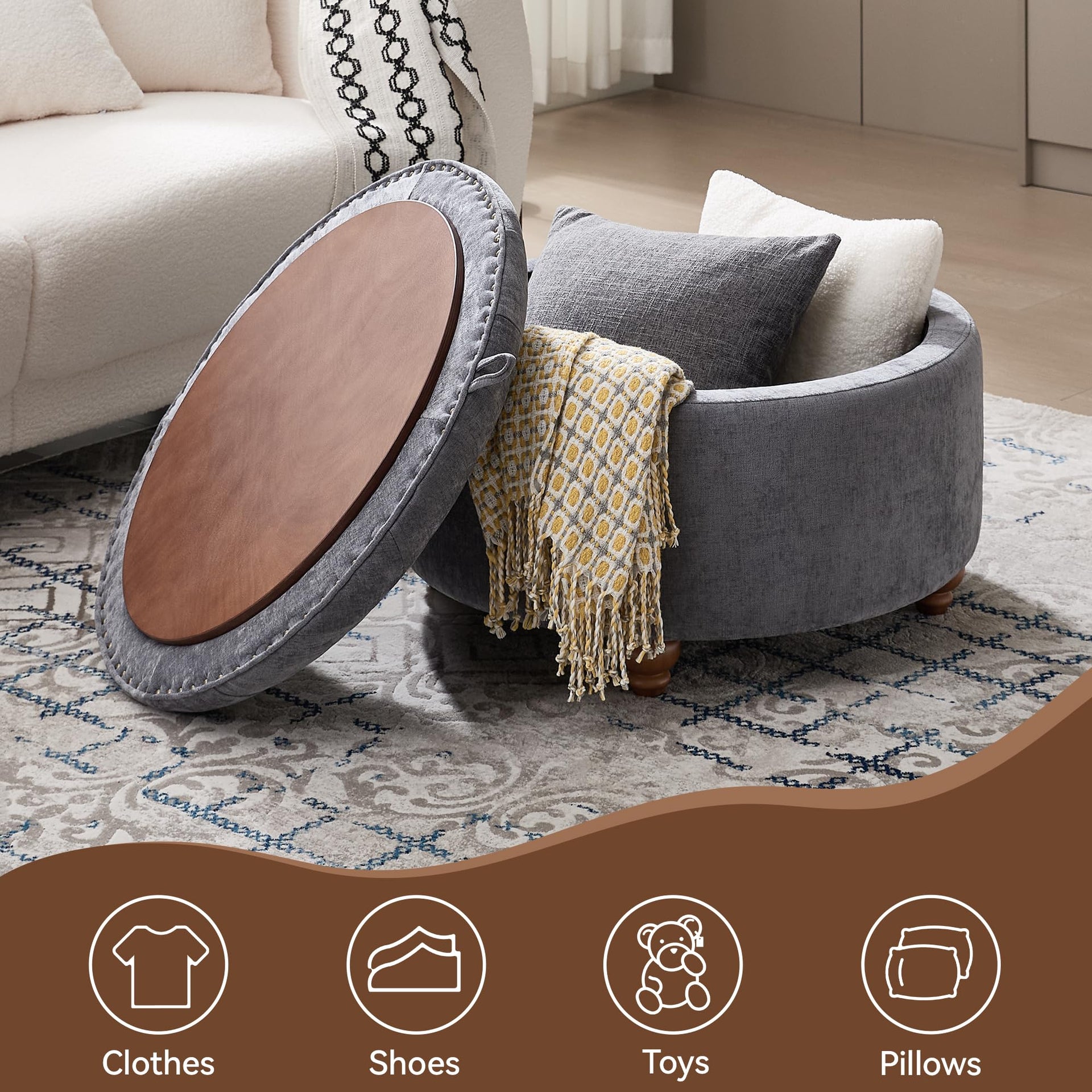 30Inch Round Storage Ottoman with Tray