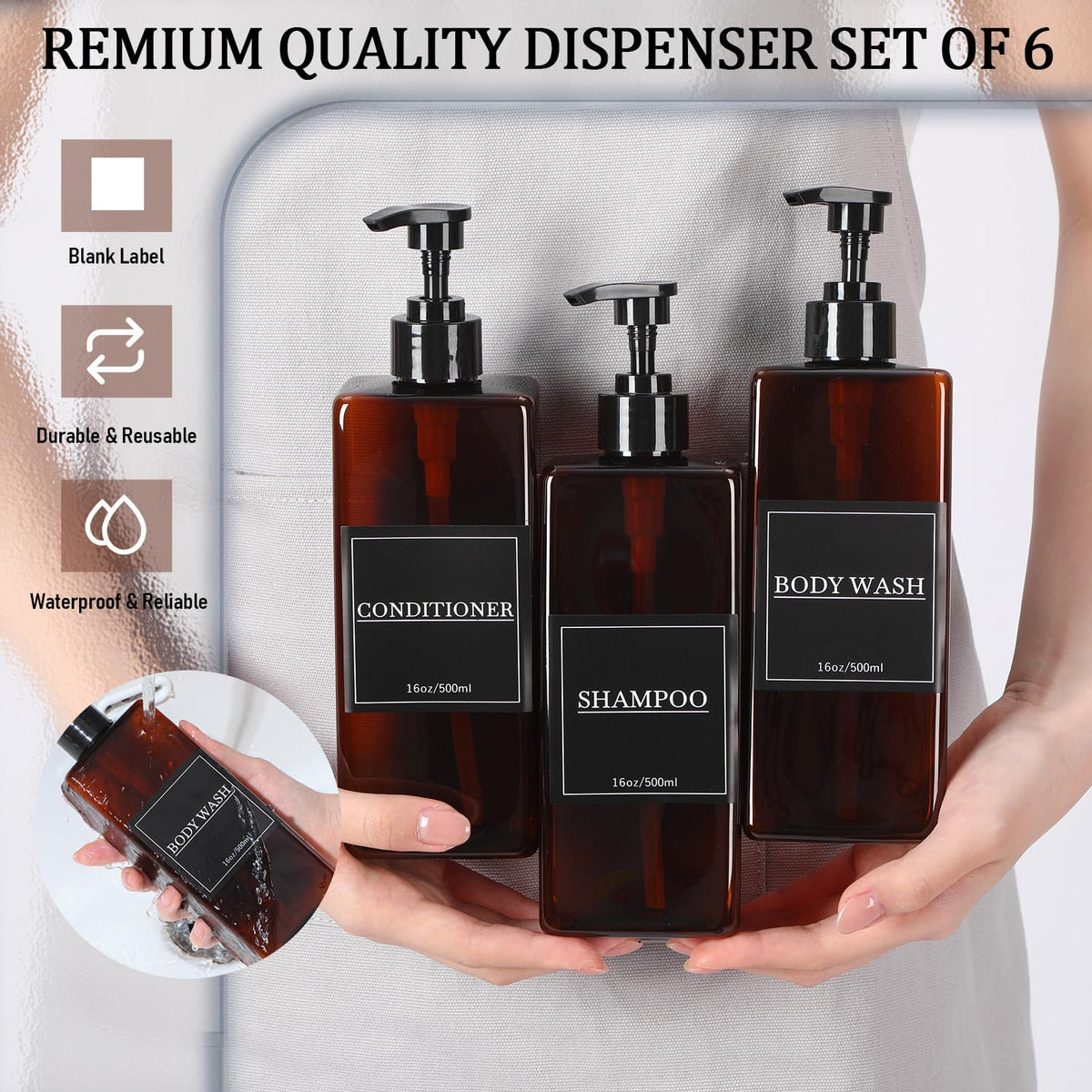 6 Pcs Shampoo and Conditioner Dispenser Bottles 16oz Modern Shower Soap Bottles with Pump (6 Count)