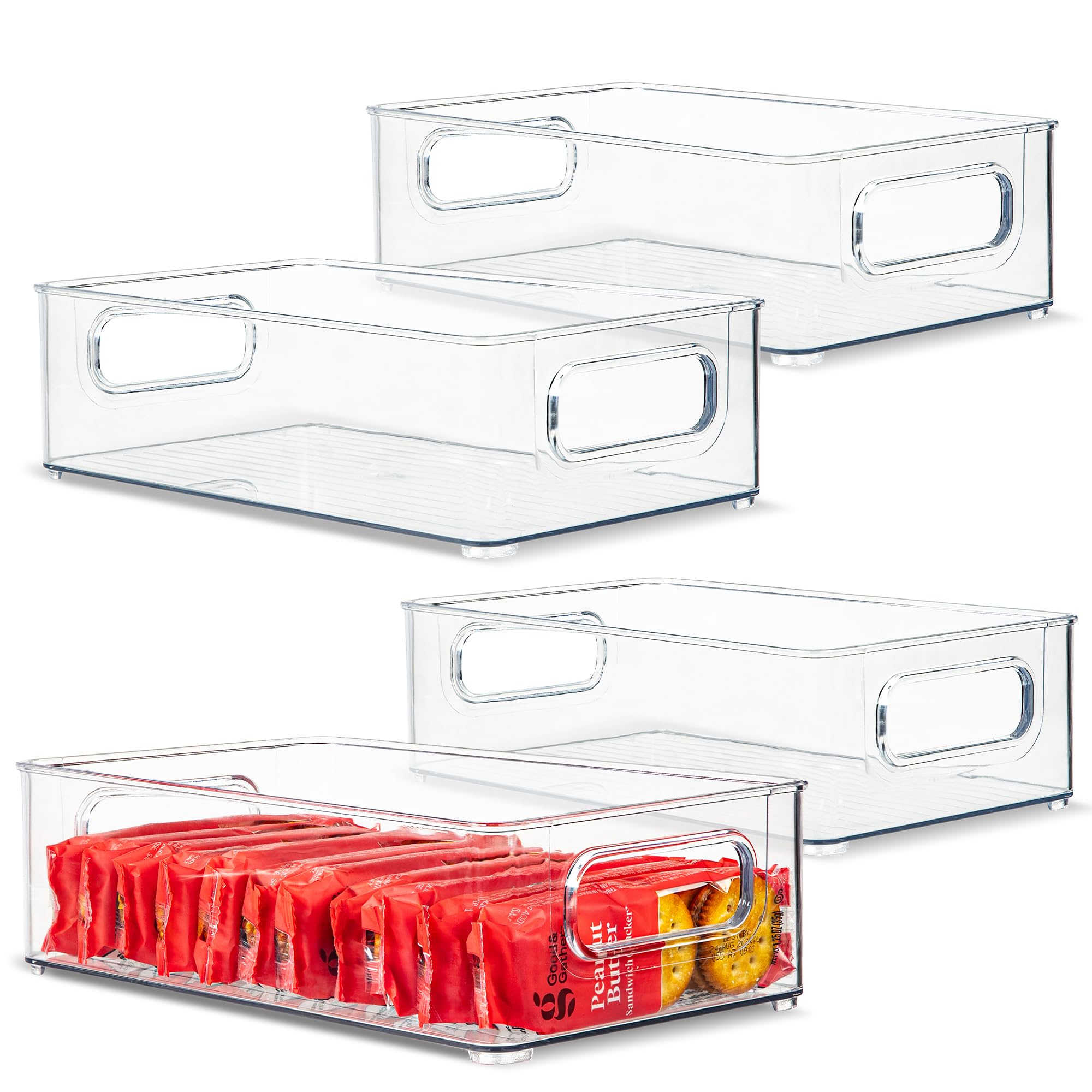 Plastic Food Storage 4 Pack Clear Container Bin with Handles for Organizing Kitchen (4 Count)