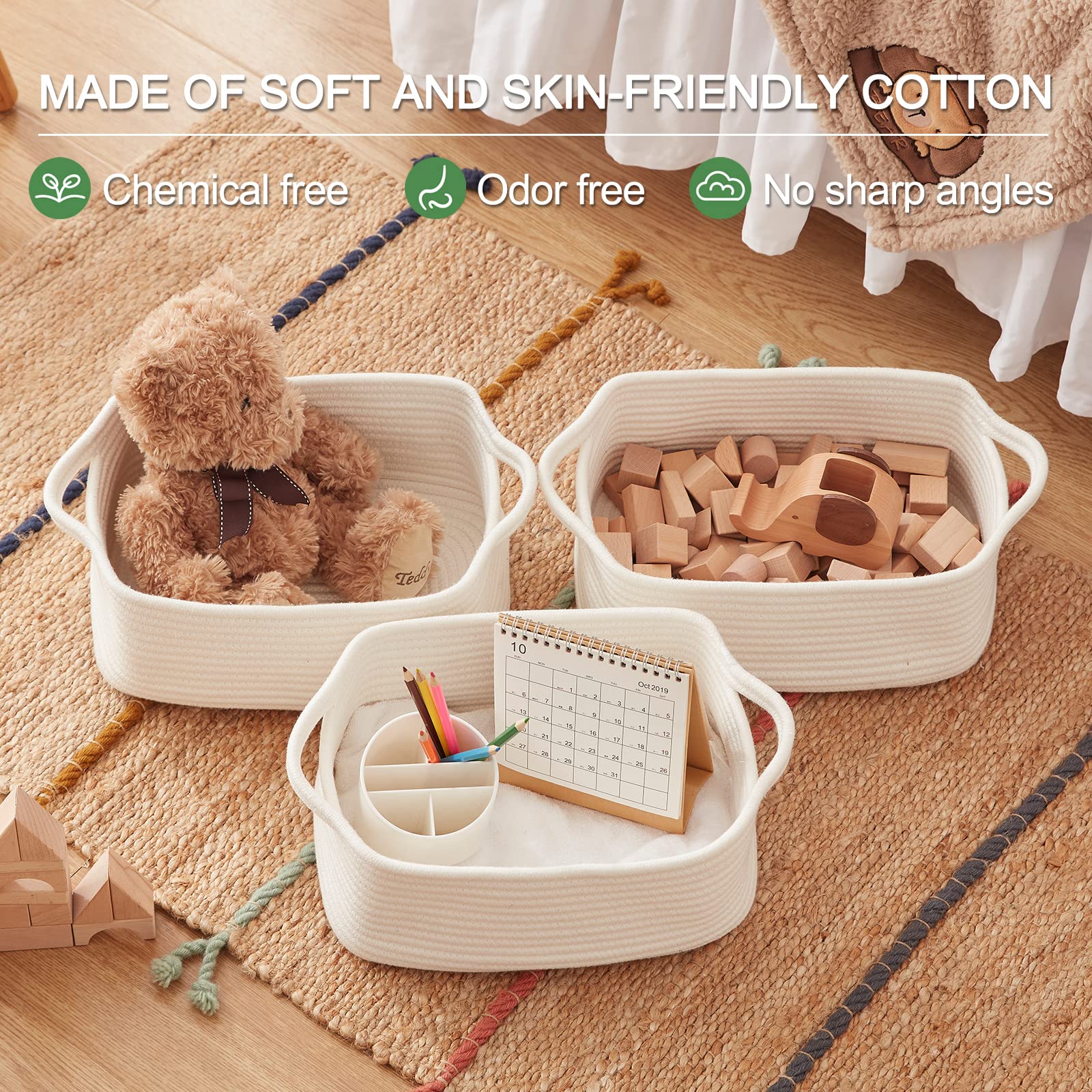3 Pack Storage Baskets for Shelves Cotton Rope Storage Bins White (3 Count)