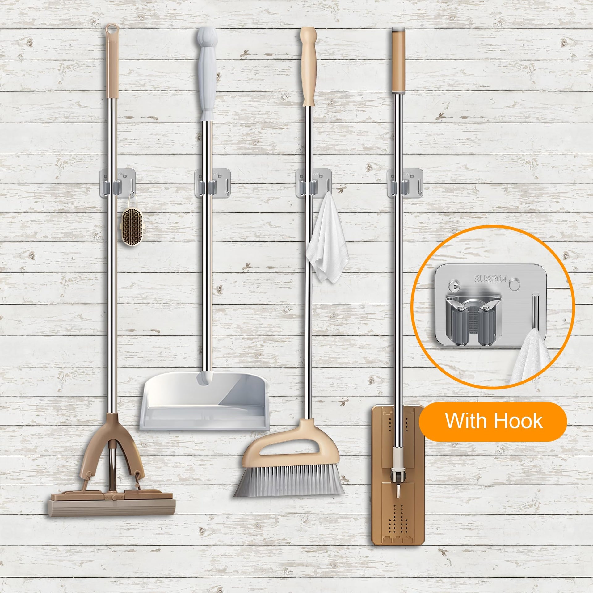 4 Pack Stainless Steel Heavy Duty Broom Holder Wall Mount with Hook (4 Count)