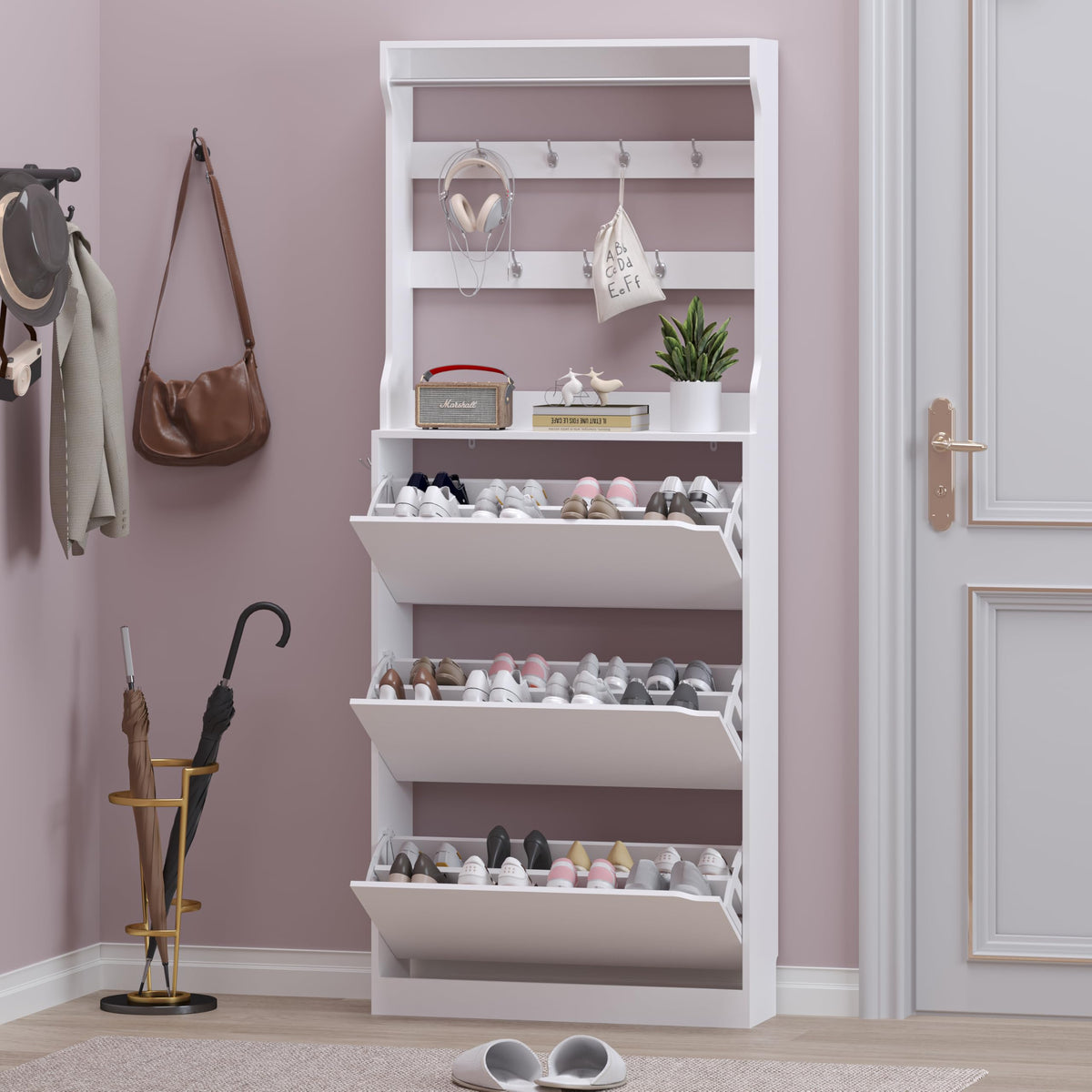 Shoe Cabinet with 3 Flip Drawers & Coat Rack