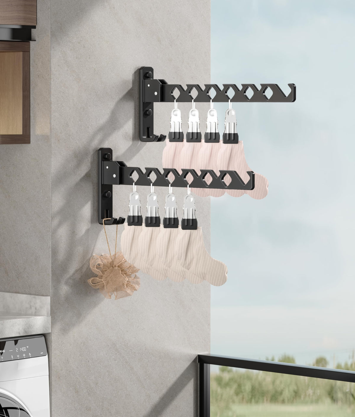 Wall Mount Coat Hanger Holder Black Clothes Drying Organizer Rack Garment Hooks Aluminium Retractable Folding Indoor Wall Mounted Hanger Space Saver for Laundry Room Bedroom Black 2 Pack with 8 Hooks (2 Count)