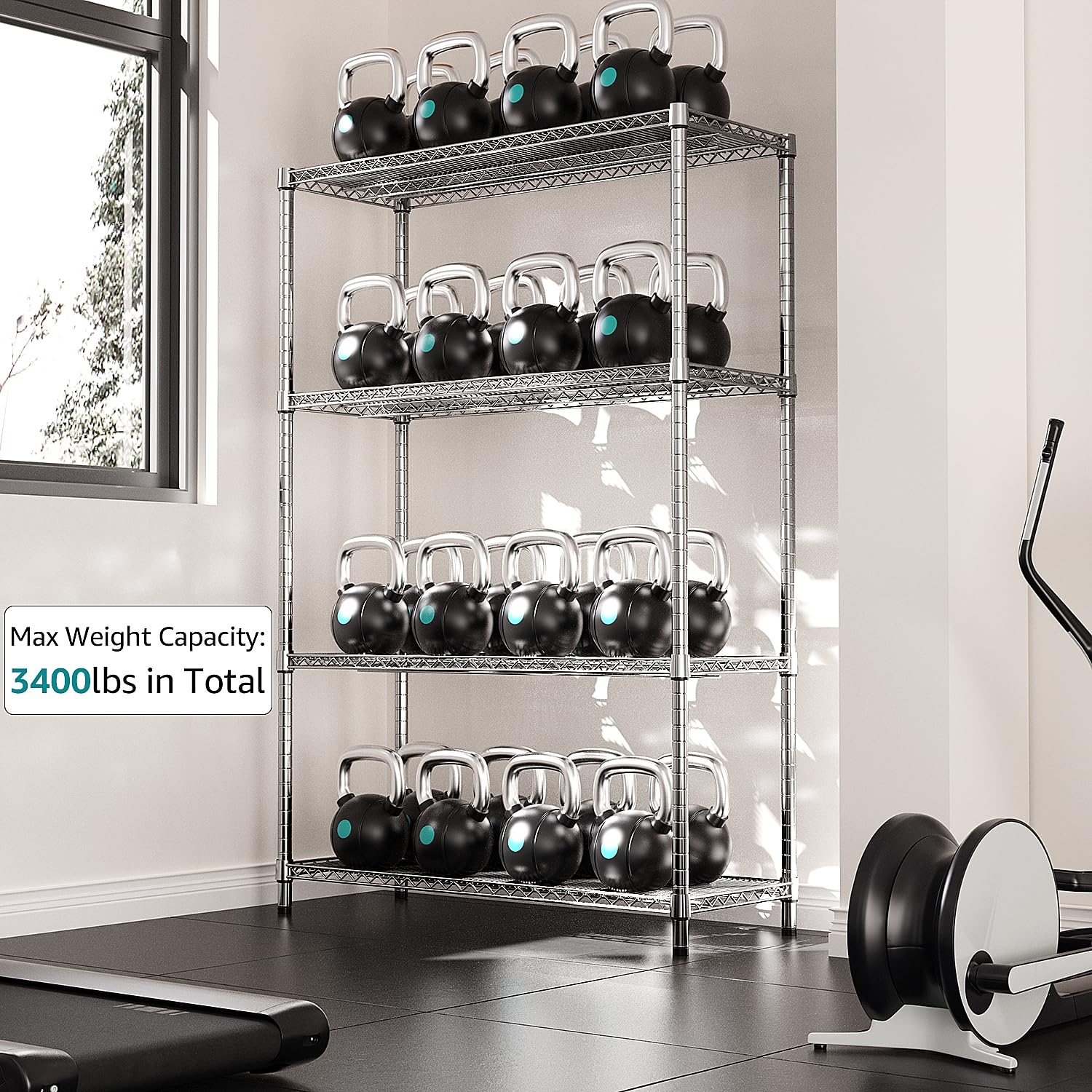 3400 LBS Garage Shelving Wide Storage Shelves 4 Tier Metal Shelves Heavy Duty Adjustable Utility Shelf Rack Chrome 17.7" D x 47.2" W x 70.4" H (4 Count)