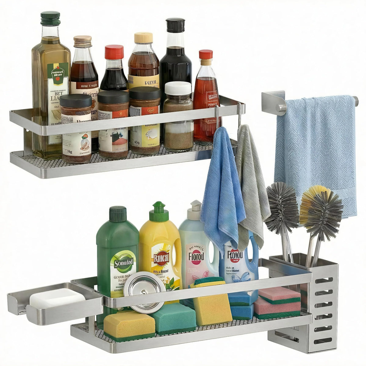5-in-1 Shower Caddy & Kitchen Organizer Set, Wall Mount Wide Spice Rack with Paper Towel Holder, Utensil Holder, Soap Dish, Rustproof Mesh Baskets Hold 50LBS - Silver Gray, Guardrail